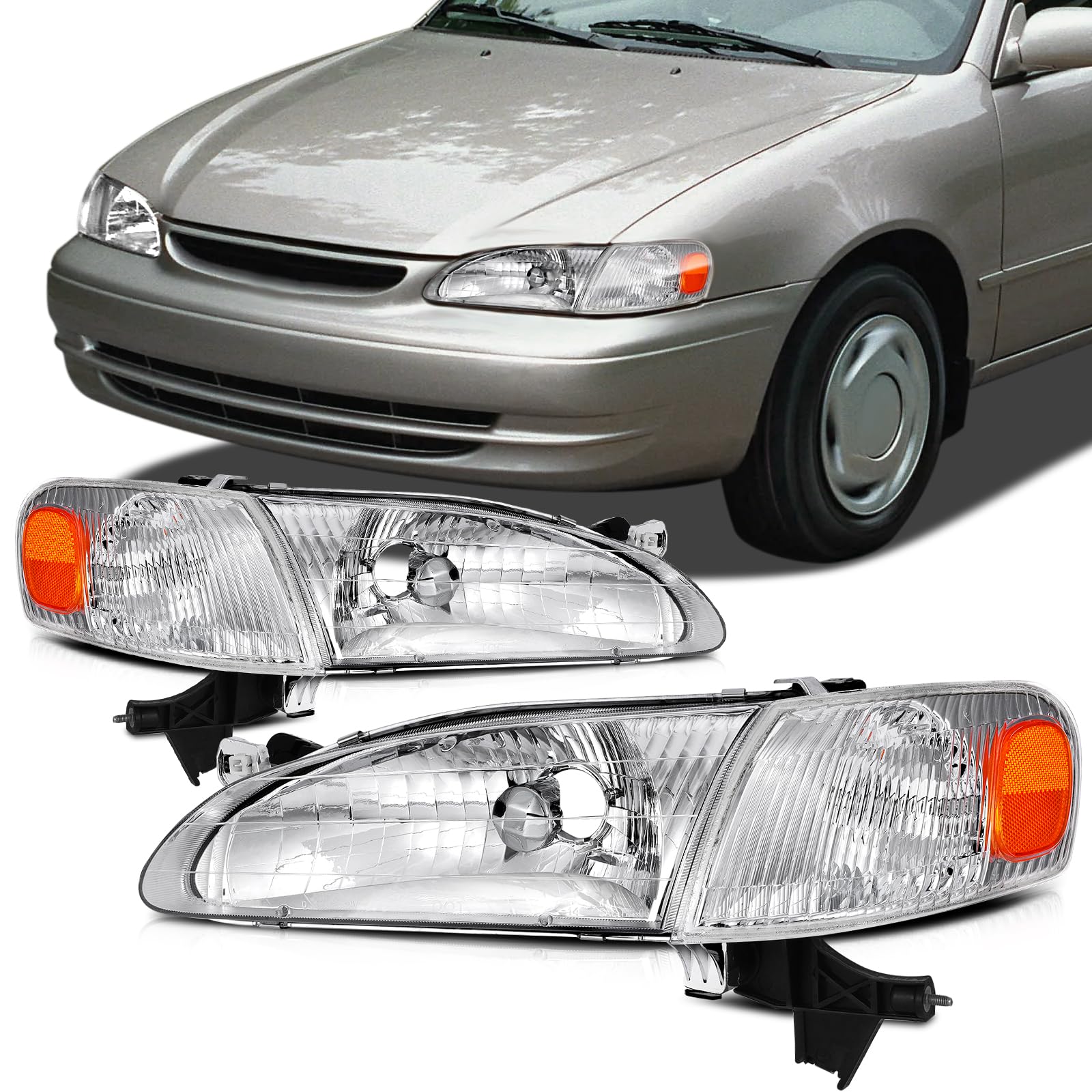 SCITOO Headlight Assembly Fits For Toyota Corolla 1998-2000 headlamp in Chrome Housing Amber Reflector Clear Lens