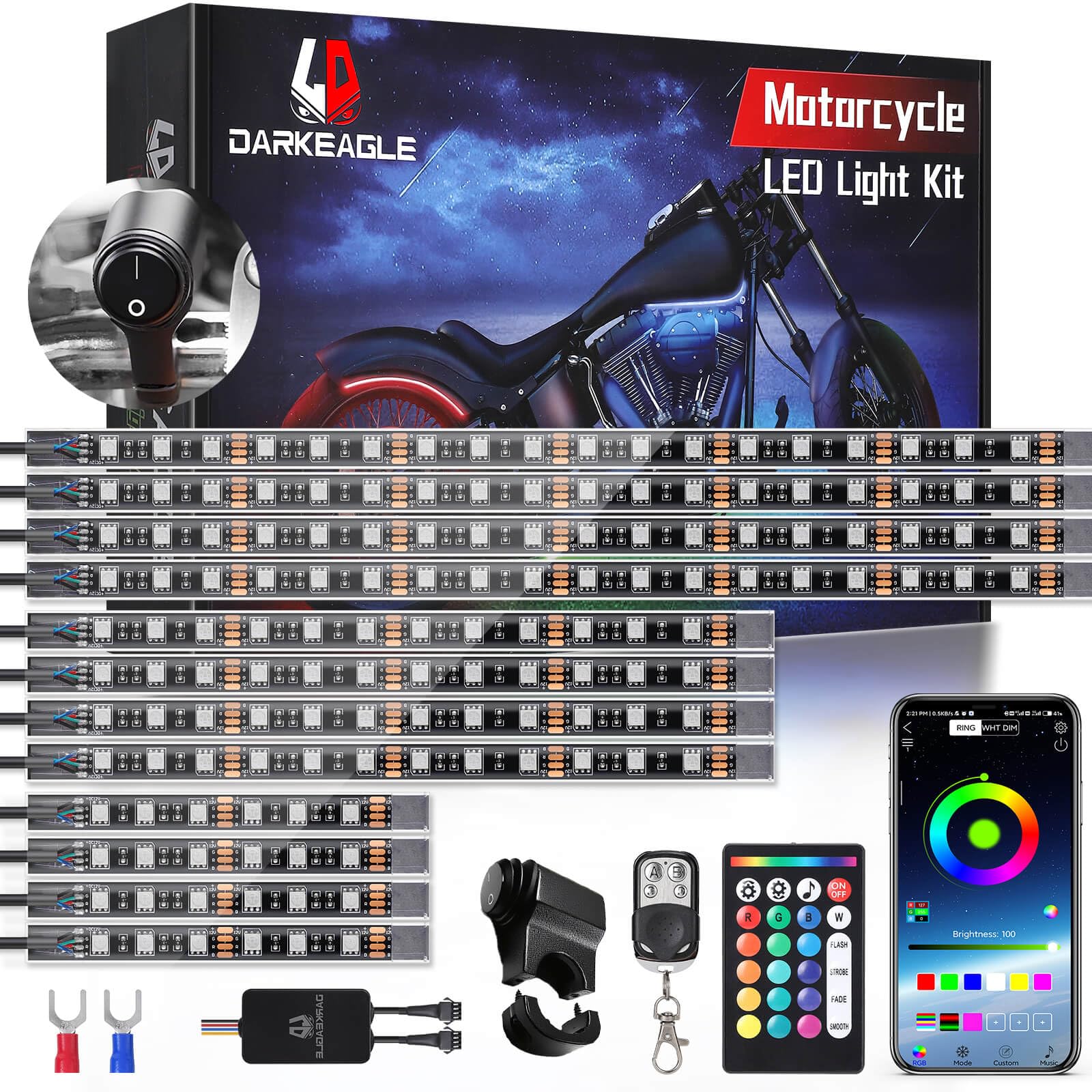 12PCS Motorcycle RGB LED Light Kit with Handlebar Switch Brake Turn Signal, Multicolor Underglow Lights with APP/RF Remote, Neon