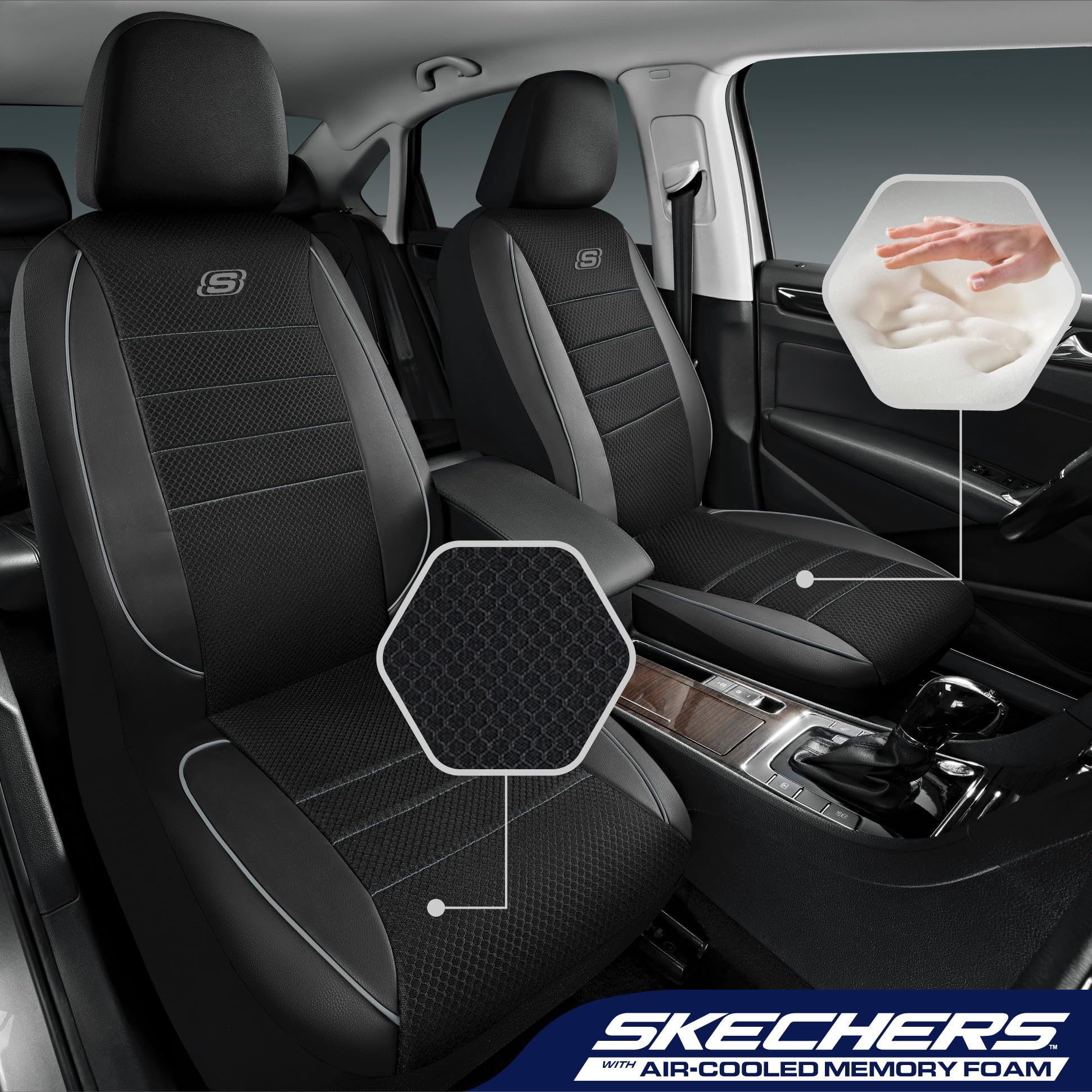 Skechers Memory Foam Seat Covers,Air Cool Mesh Thick Car Seat Covers,Piping Leather Car Seat Protector,Airbag Compatible,Automot
