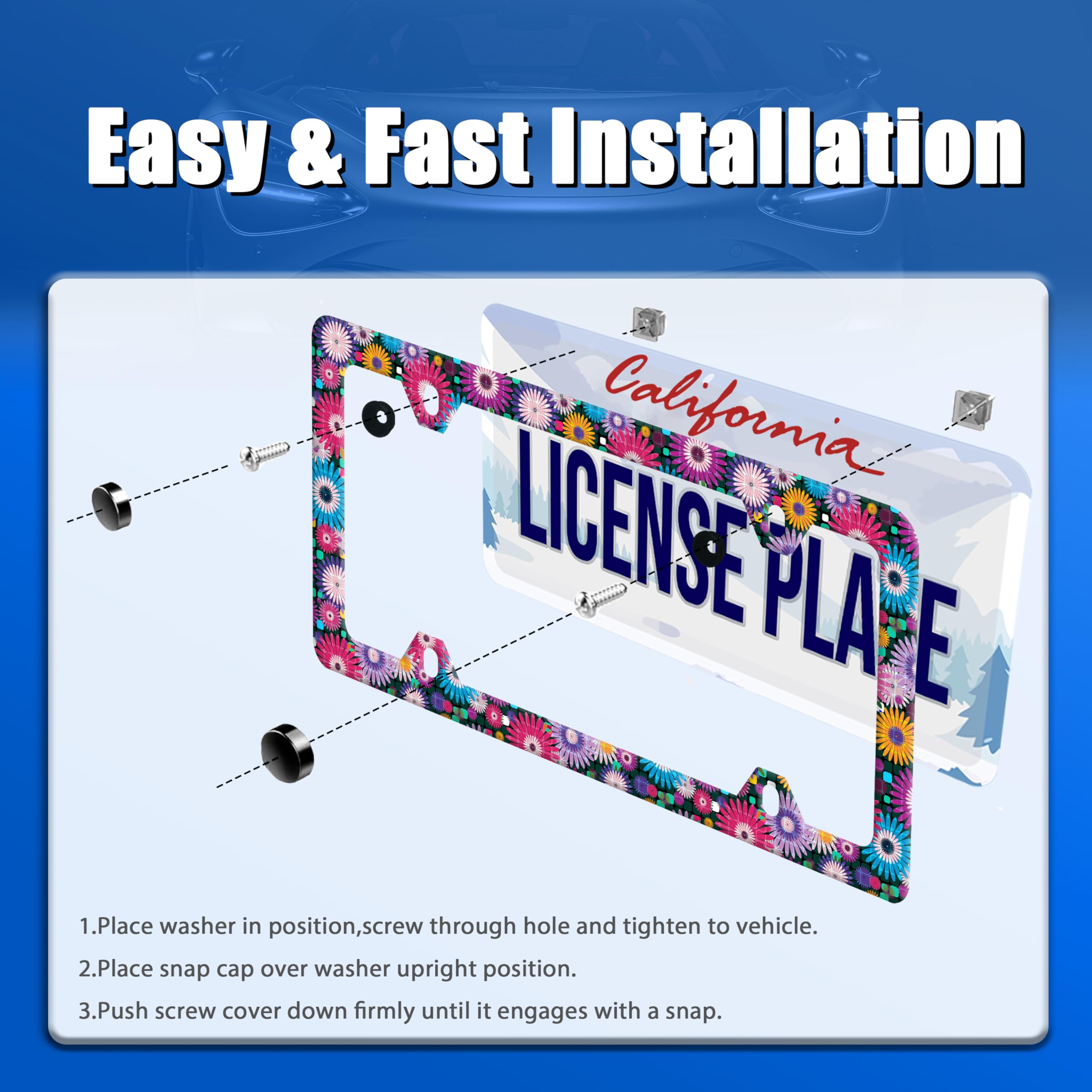Abstract Hippie Flowers License Plate Frame Floral License Plate Stainless Steel Funny License Plate Holder Colorful Car Accesso