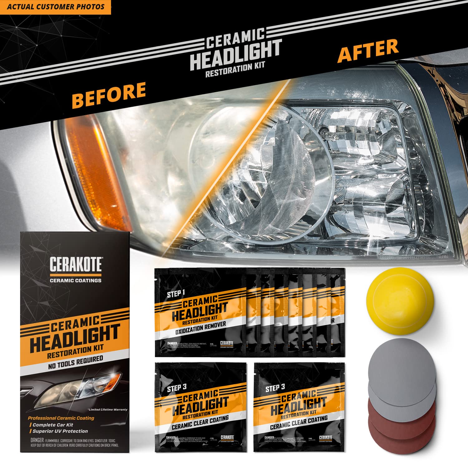 CERAKOTE® Headlight Restoration Kit - 1 Vehicle Kit - Lasts As Long As You Own Your Vehicle - Black - Easy 3-Step Process
