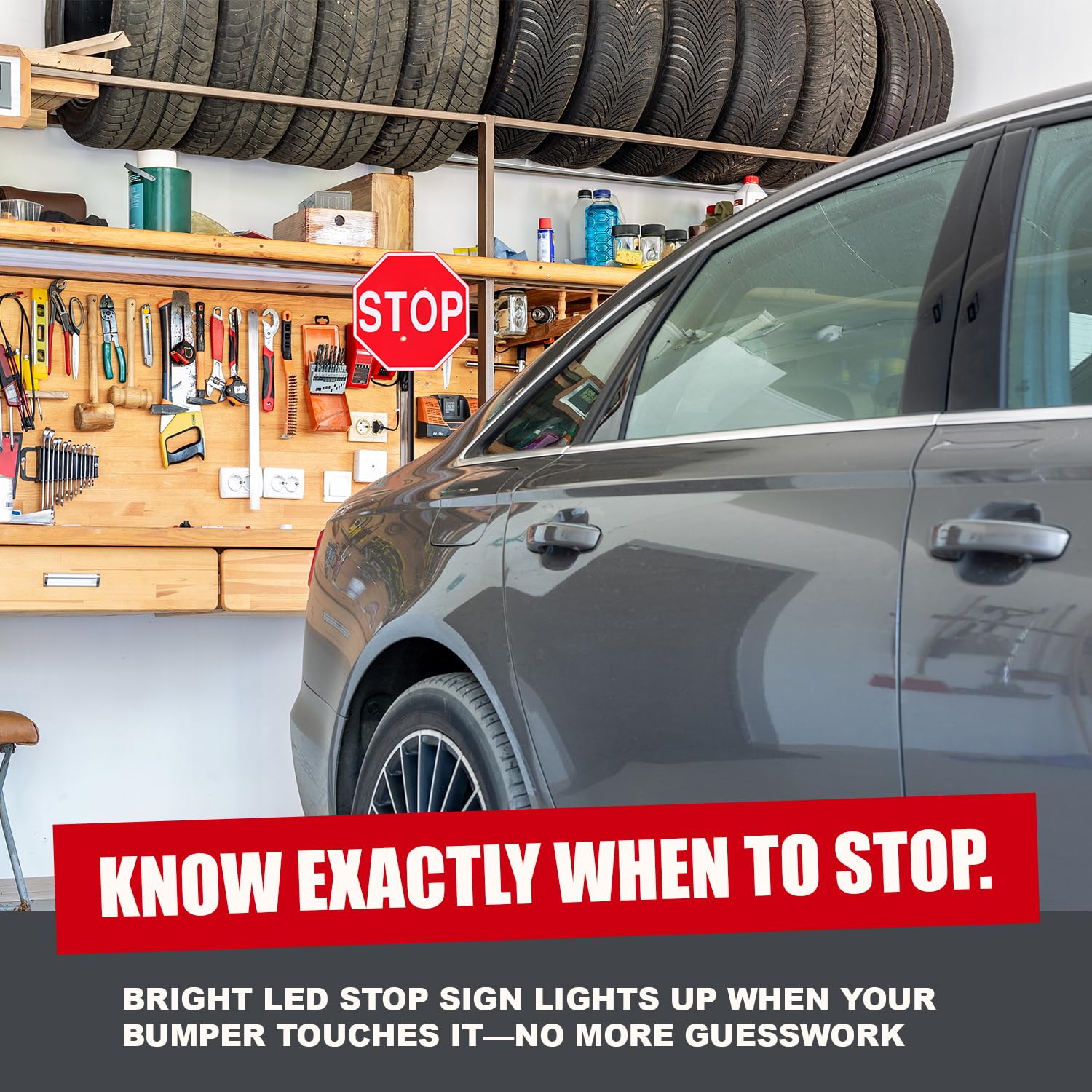 Securityman Led Stop Sign For Garage Parking Assist (2 Pack) - Stress Free - Large 7'' Sign, Bright Red Leds, Adjustable Height