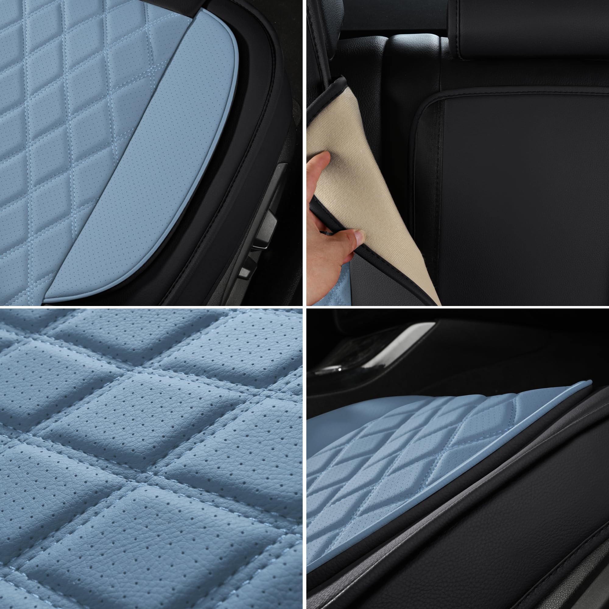 LINGVIDO Car Seat Covers Set - Premium Nappa Leather, Front Only (2 Seats), Black & Light Blue, Model Lingzhu07, Durable & Comfortable