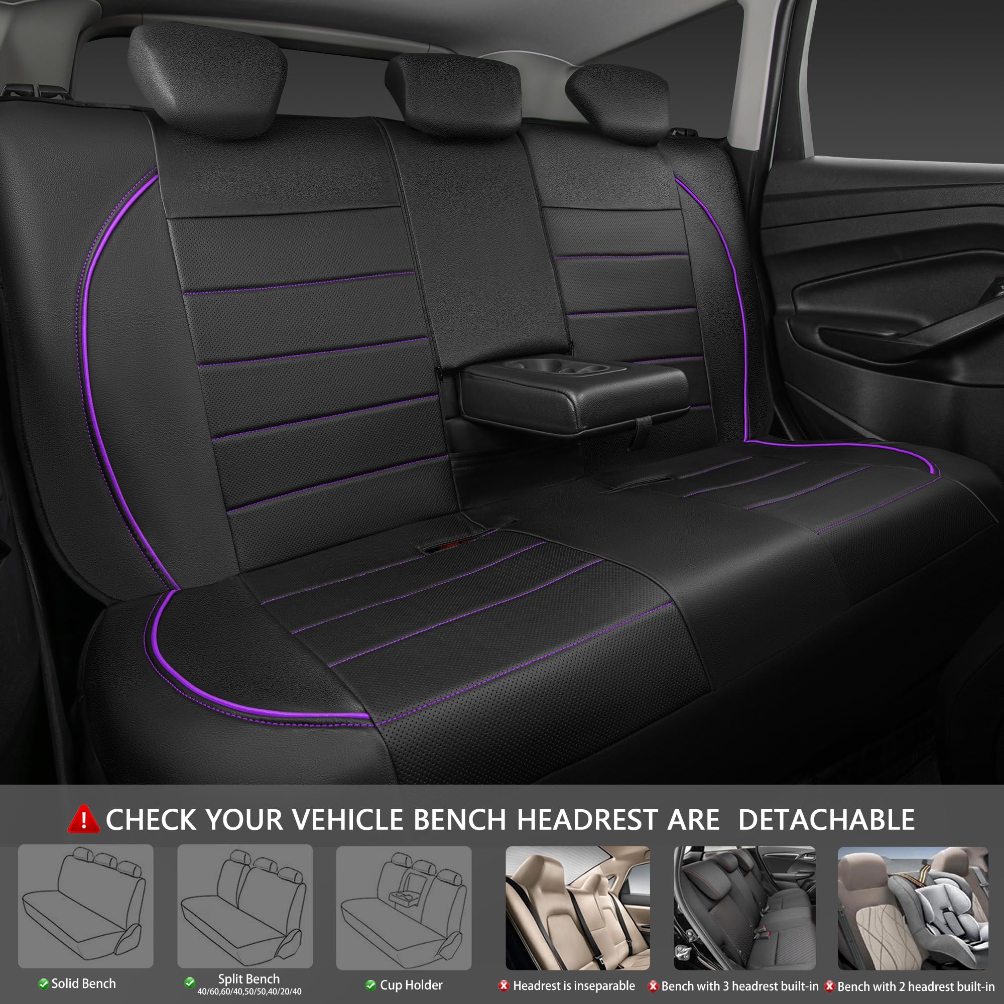 CAR PASS PU Leather Car Seat Cover Full Set, Airbag Compatible, Black & Purple