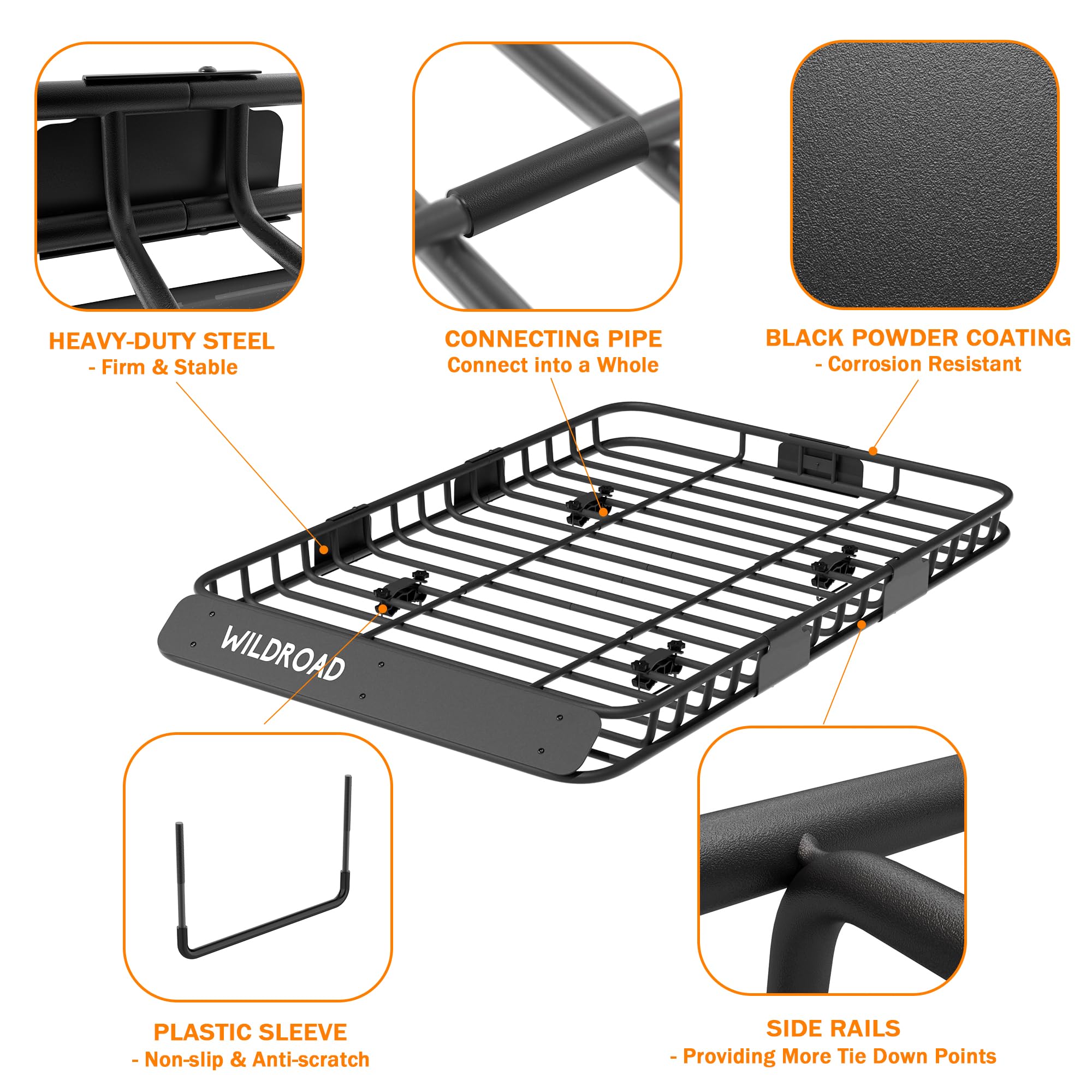 Wildroad Roof Rack Cargo Carrier 64"x39"x4" Alloy Steel Basket + Bungee Net, Black, Model WR-BASKET+NET for SUVs & Trucks