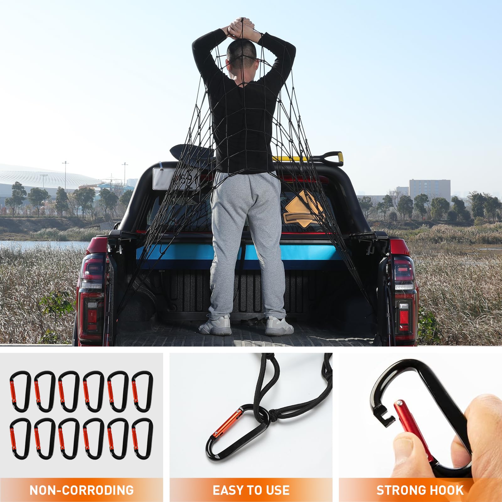 Suu66 Heavy Duty Cargo Net for Pickup Truck Bed - 5 ' x 7 ' Stretches to 15 ' x 21 ' - Sturdy Latex Bungee Net Mesh - with 12 Me
