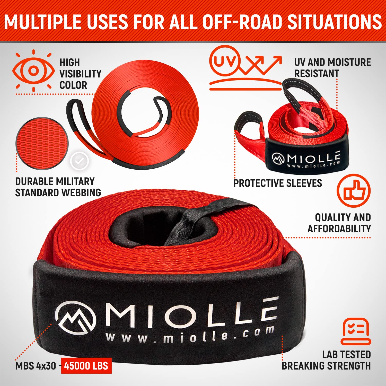 Miollegear Tow Strap 4   X30- 45000Lbs Mbs (Lab Tested) Recovery Strap Kit Includes: Tow Rope, 2 D-Ring Shackles Mbs- 62700Lbs,