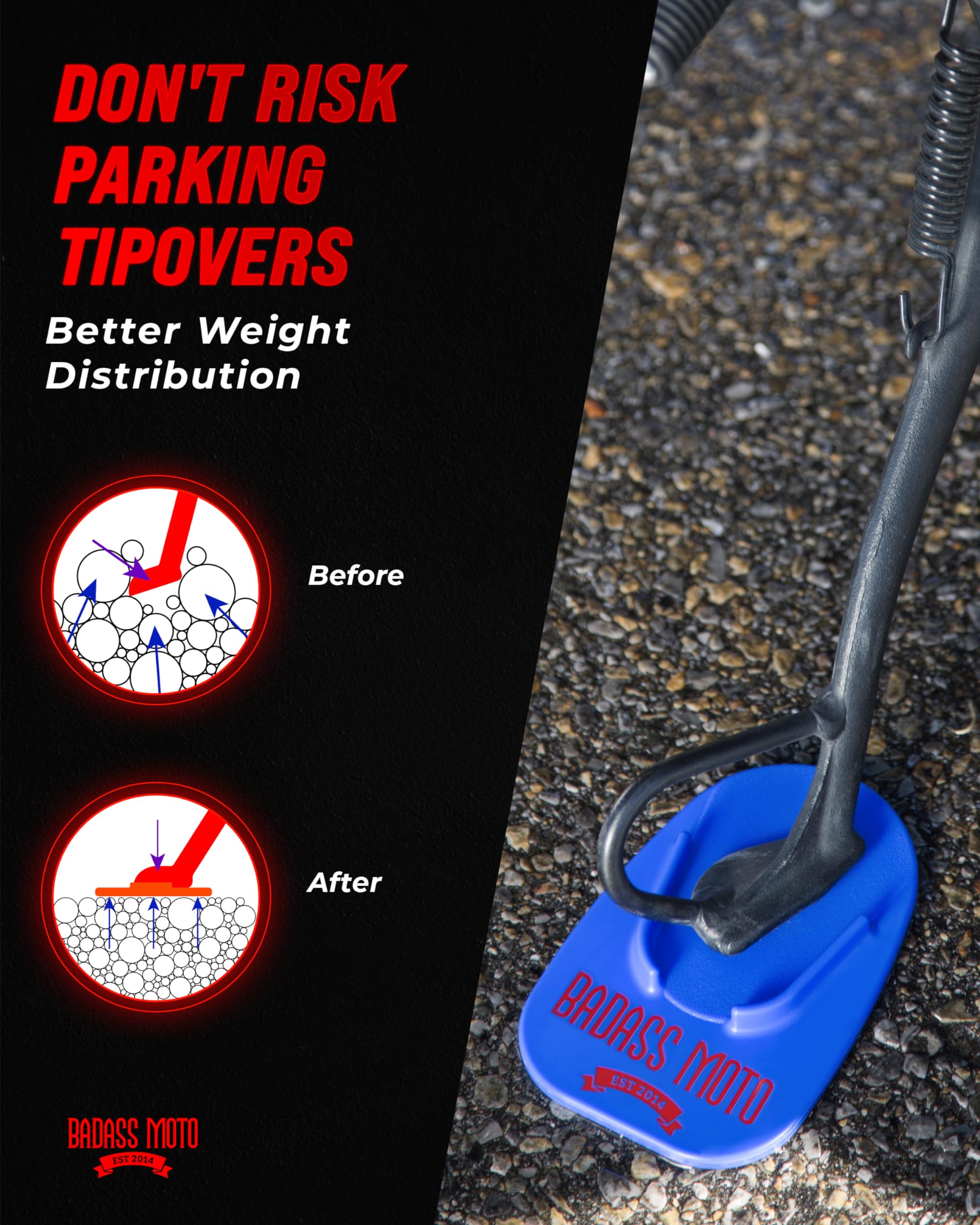 Badass Moto Motorcycle Kickstand Pad, Blue, Rugged, Durable, Made in the USA, Several Colors, Helps You Park Your Bike on Hot Pa