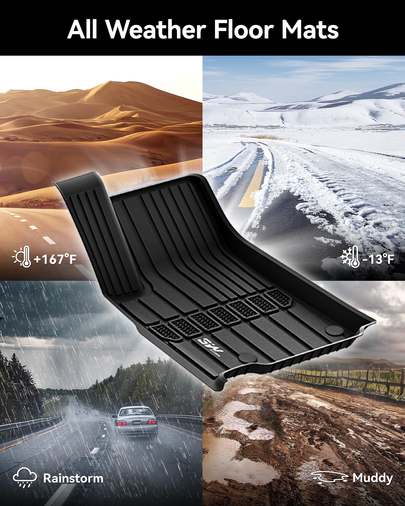 3W Custom Fit Floor Mats for Jeep Grand Cherokee L 7 Seat 2021-2026, All Weather TPE, Black, Full Set, Not for 6-Passenger