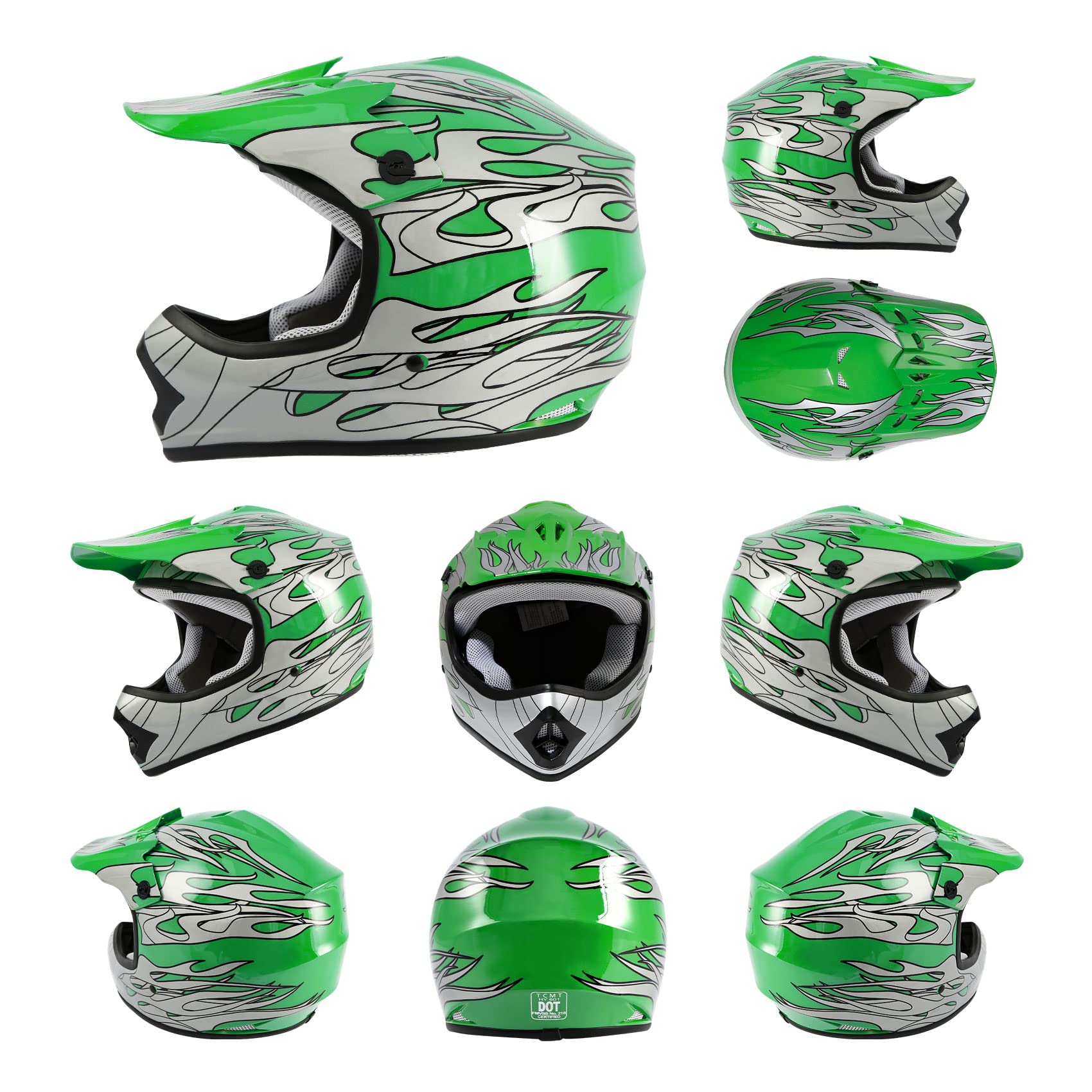 TCMT Youth Motocross Helmet Green Flame, Youth XL, ABS Material, Includes Goggles & Gloves