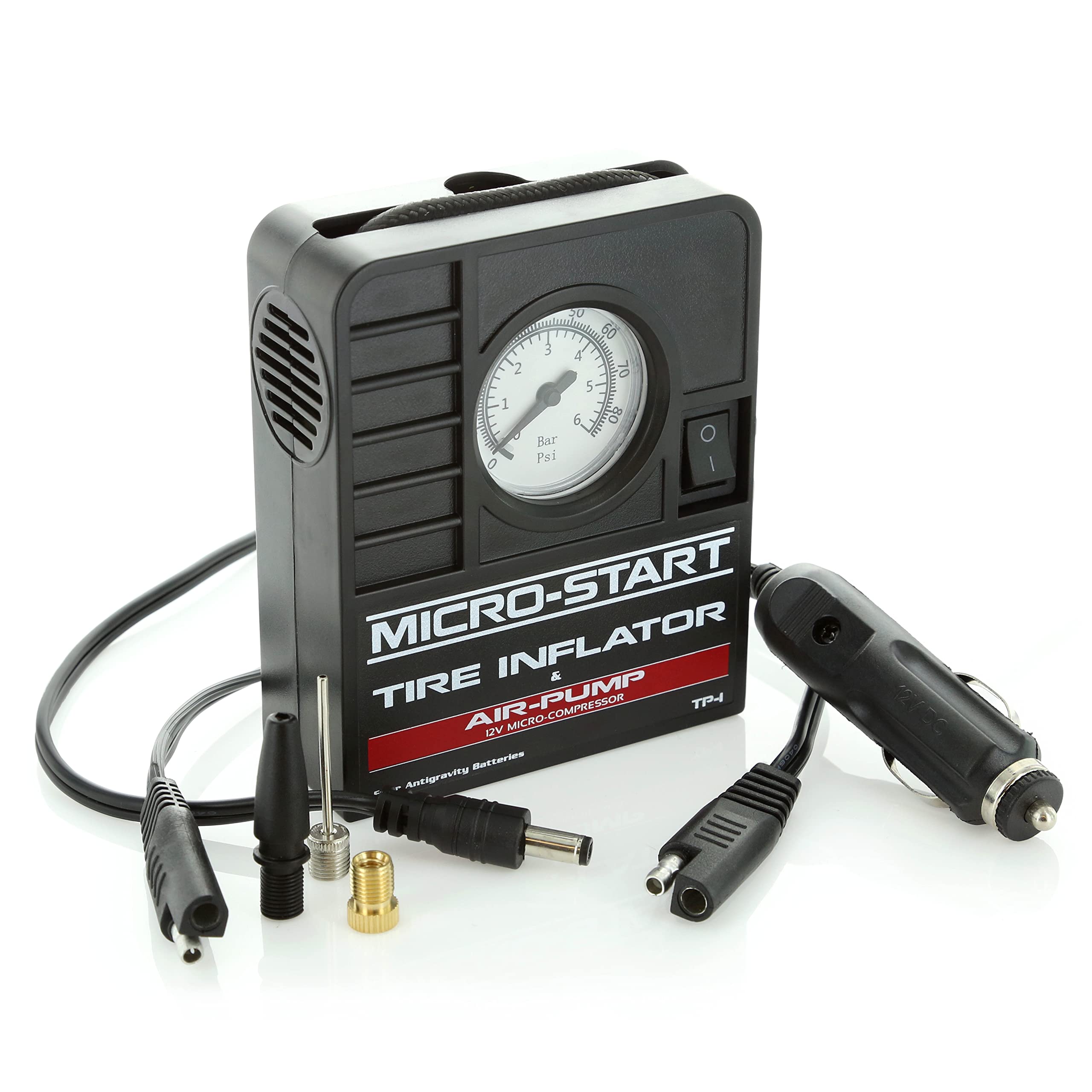 Antigravity Batteries Mini Tire Inflator for Motorcycles, ATV, UTV, Small Cars - 3.5x1.5x4.25 in, Black, Model AG-MSA-