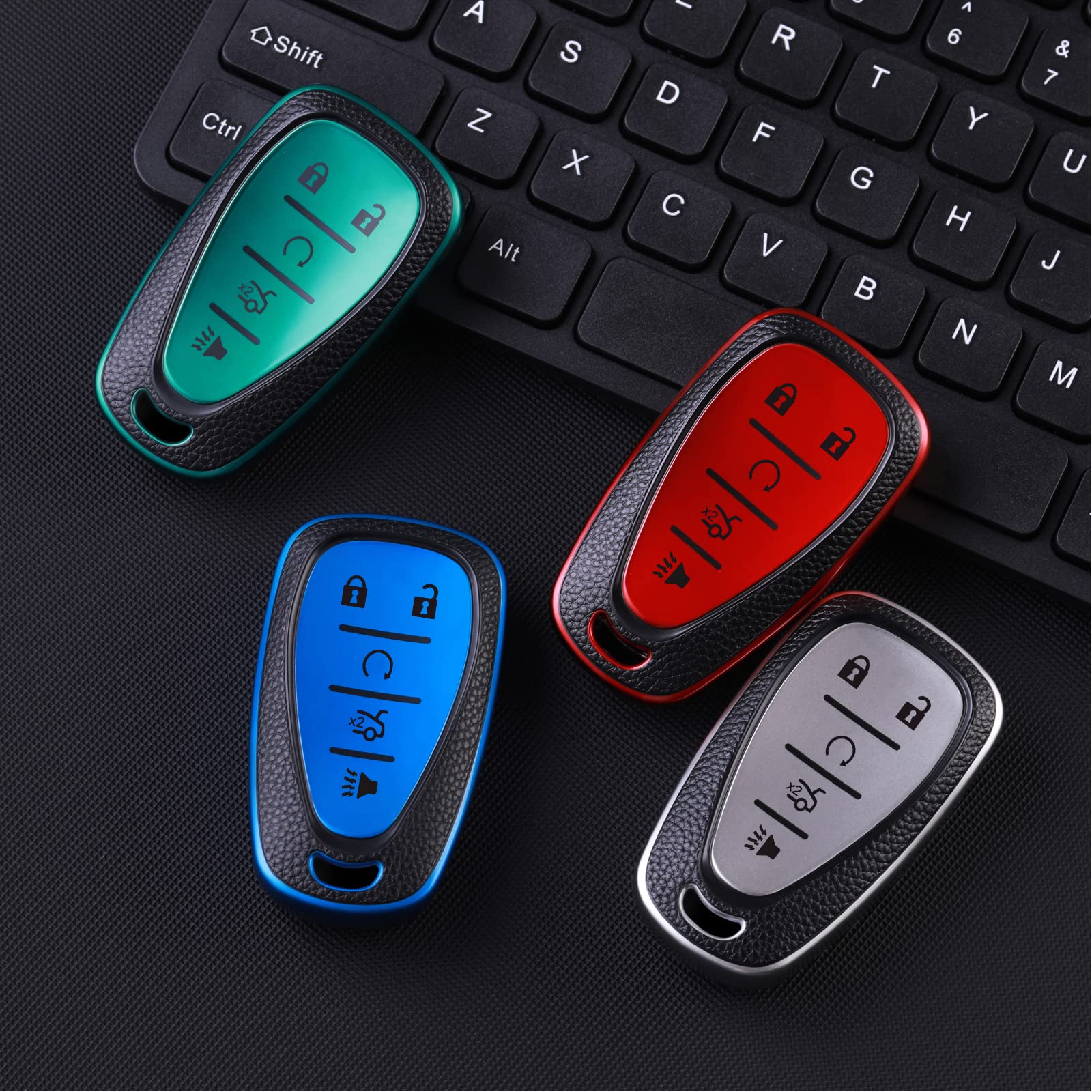 ELOHEI Chevy Key Fob Cover Case TPU Protector, 5 Buttons, Leather Red, Model XUL-B, Fits 2016-2020 Malibu, Camaro, Cruze, and More