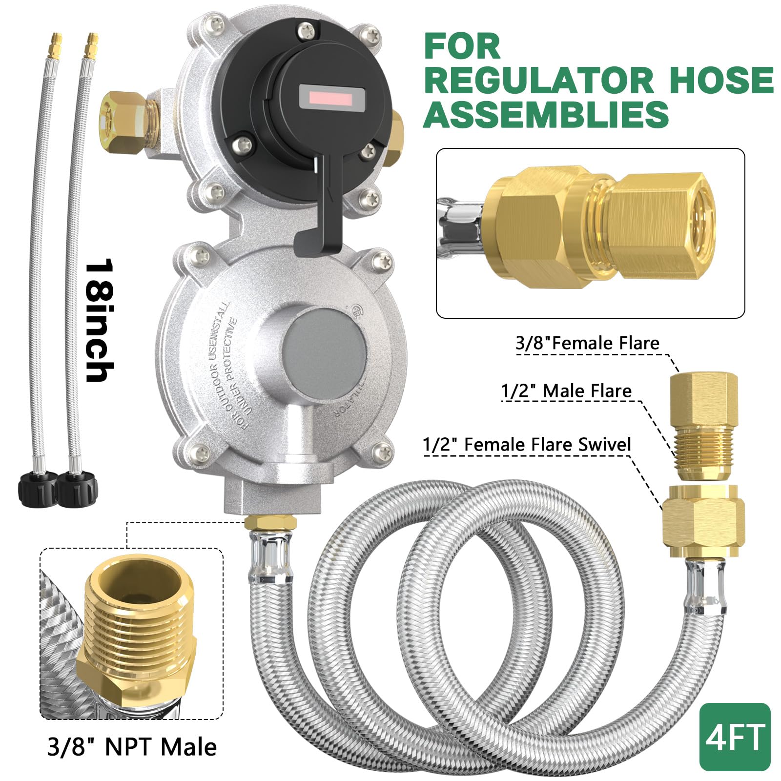 2-Stage Automatic Changeover LP Propane Gas Regulator with Two 18 RV Pigtail Propane Hoses&4ft Outlet Propane hose,Braided QCC