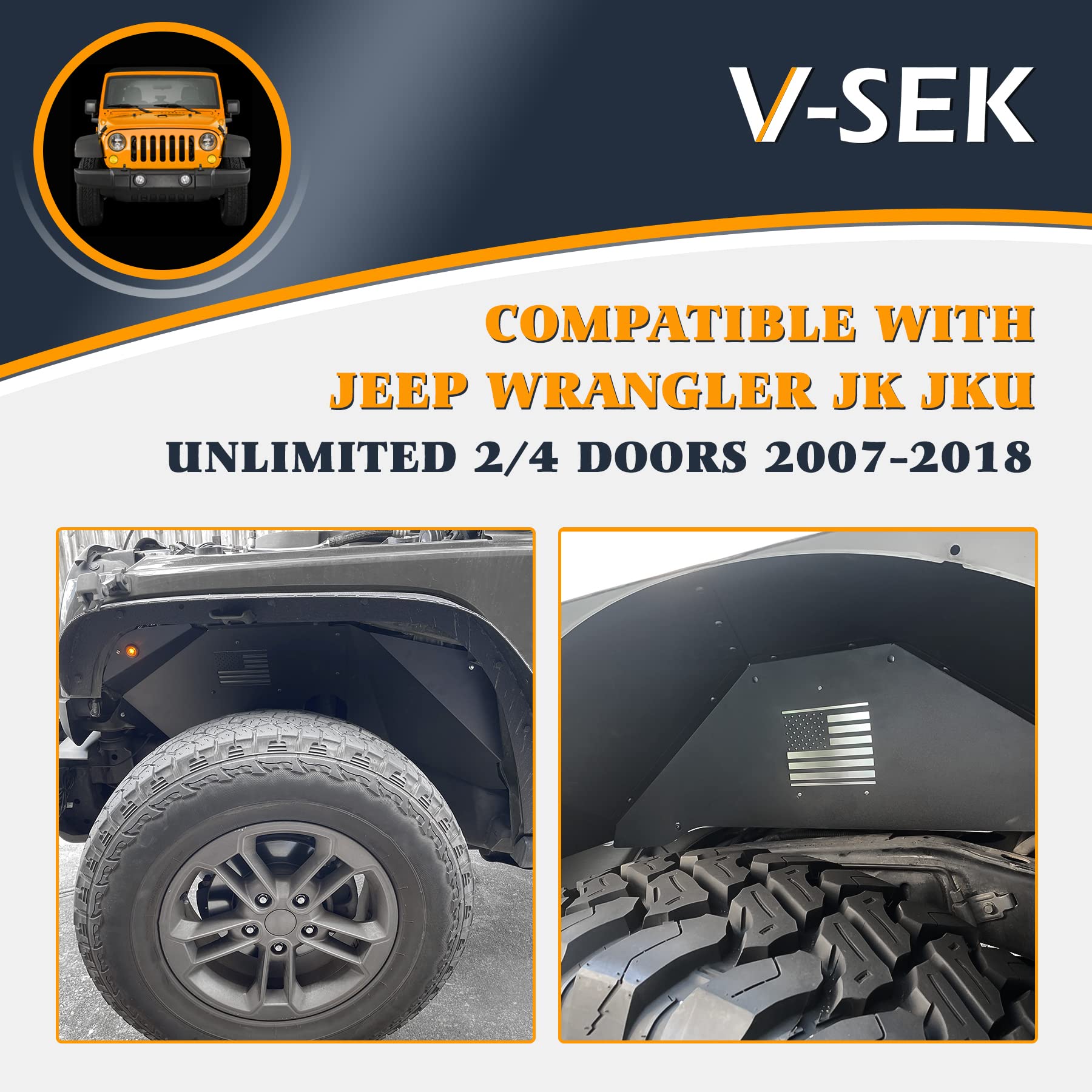 V-SEK Front & Rear Inner Fender Liner Wheel Well Set Aluminum Mud Guards Fashion Pattern Compatible with Jeep Wrangler JK JKU Un
