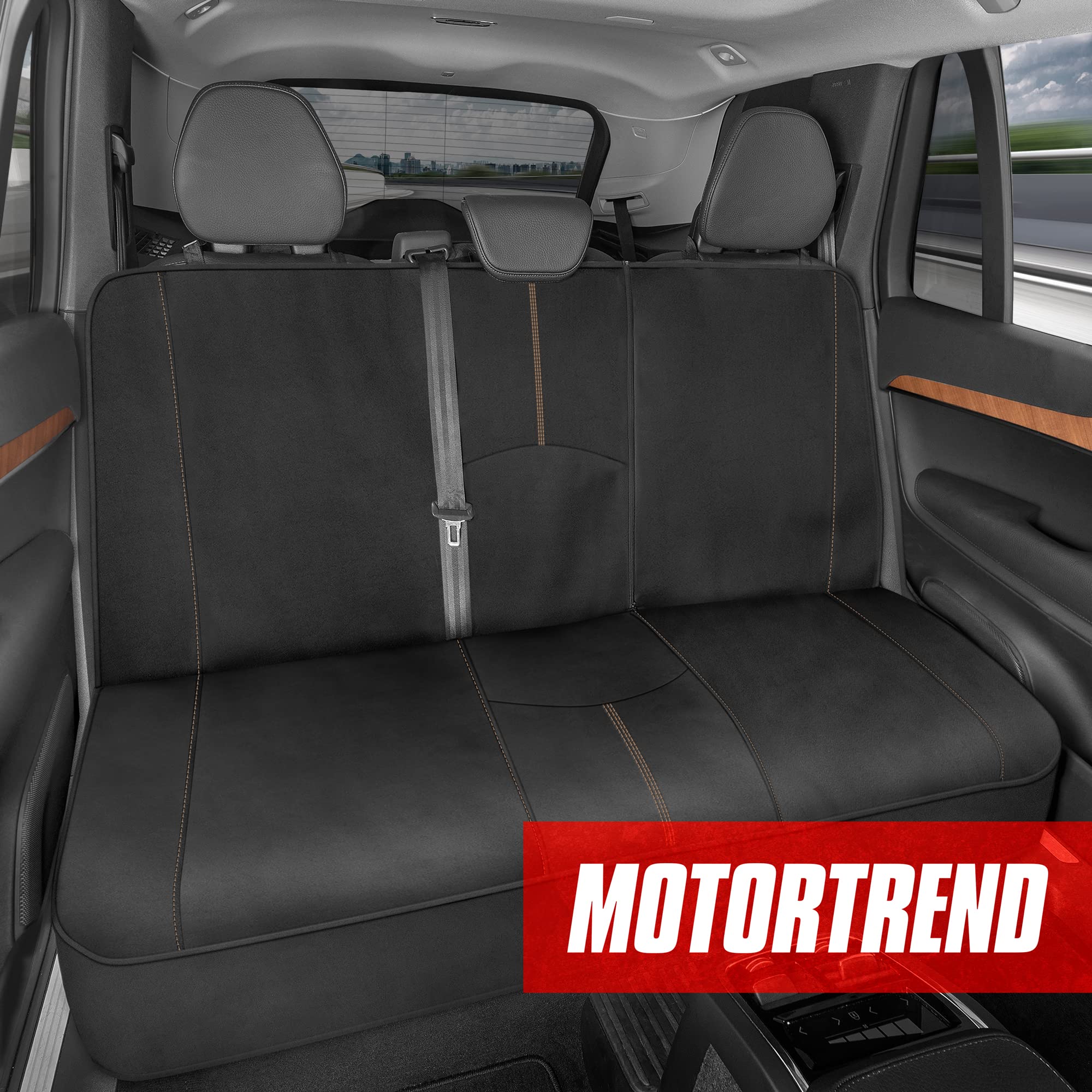 Motor Trend Spillguard Waterproof Rear Bench Car Seat Cover, Beige Stitching - Split Bench Rear Seat Protector With Neoprene Pad