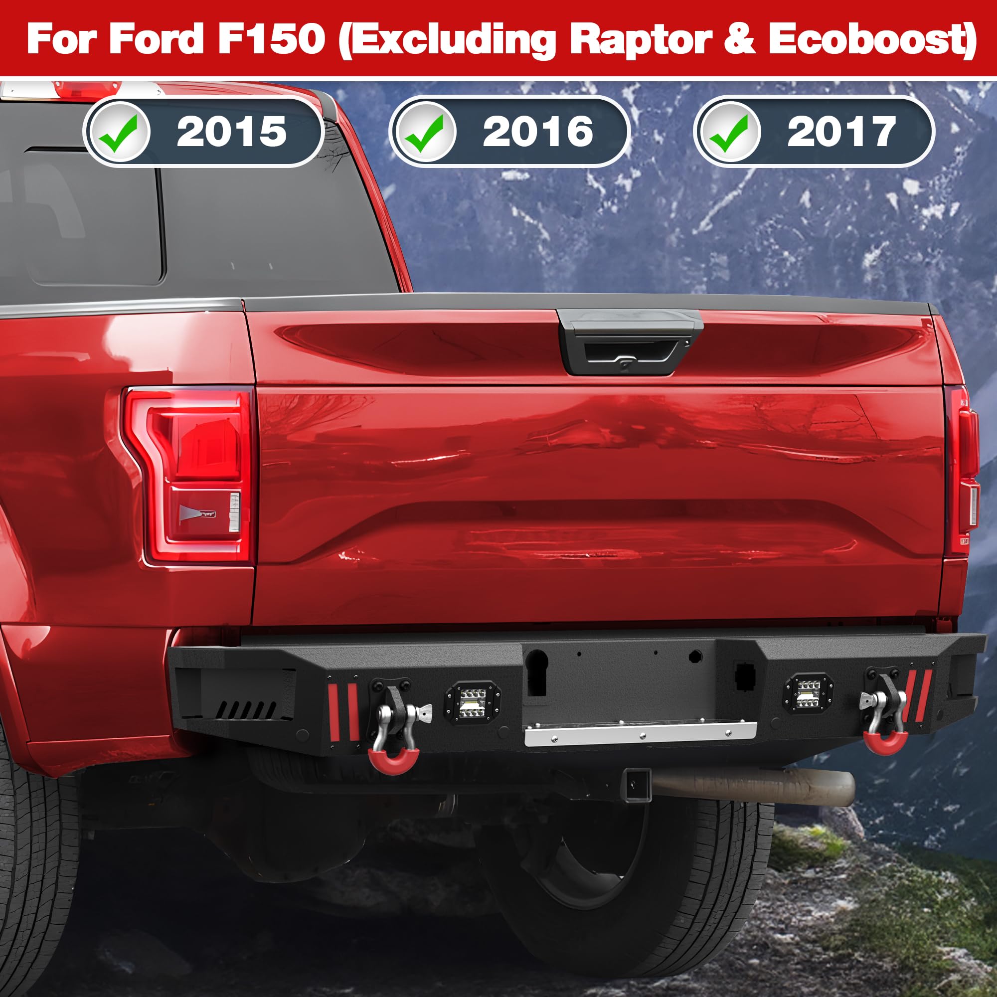 Longsun Front & Rear Bumpers for 2015-2017 Ford F150, Textured Black Carbon Steel, Model LS-2022032, Winch Plate & LED Lights