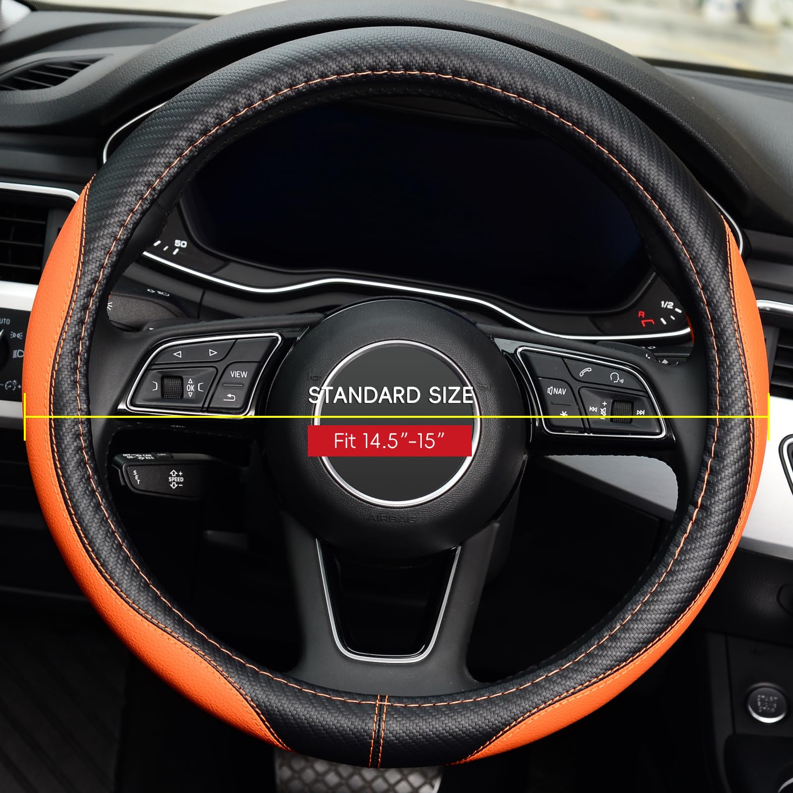 Labbyway Microfiber Leather Auto Car Steering Wheel Cover, Universal Fit 15 Inch Anti-Slip Wheel Protector, Orange