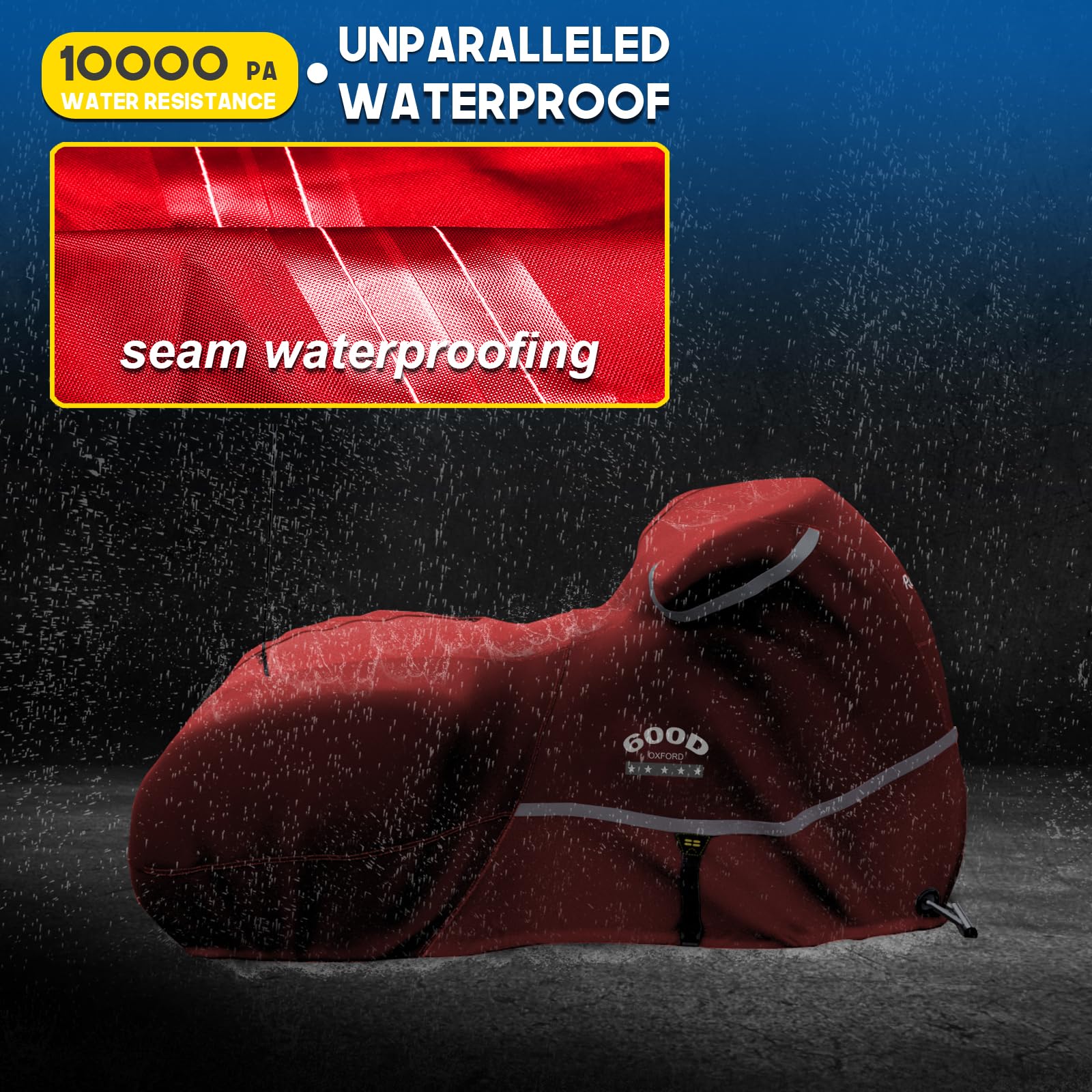 Rosefray Motorcycle Cover Heavy Duty 600D Waterproof for Harley Davidson Touring Models - Red, Side Box, Model ROSE-600D-TBIKE-RED-fra