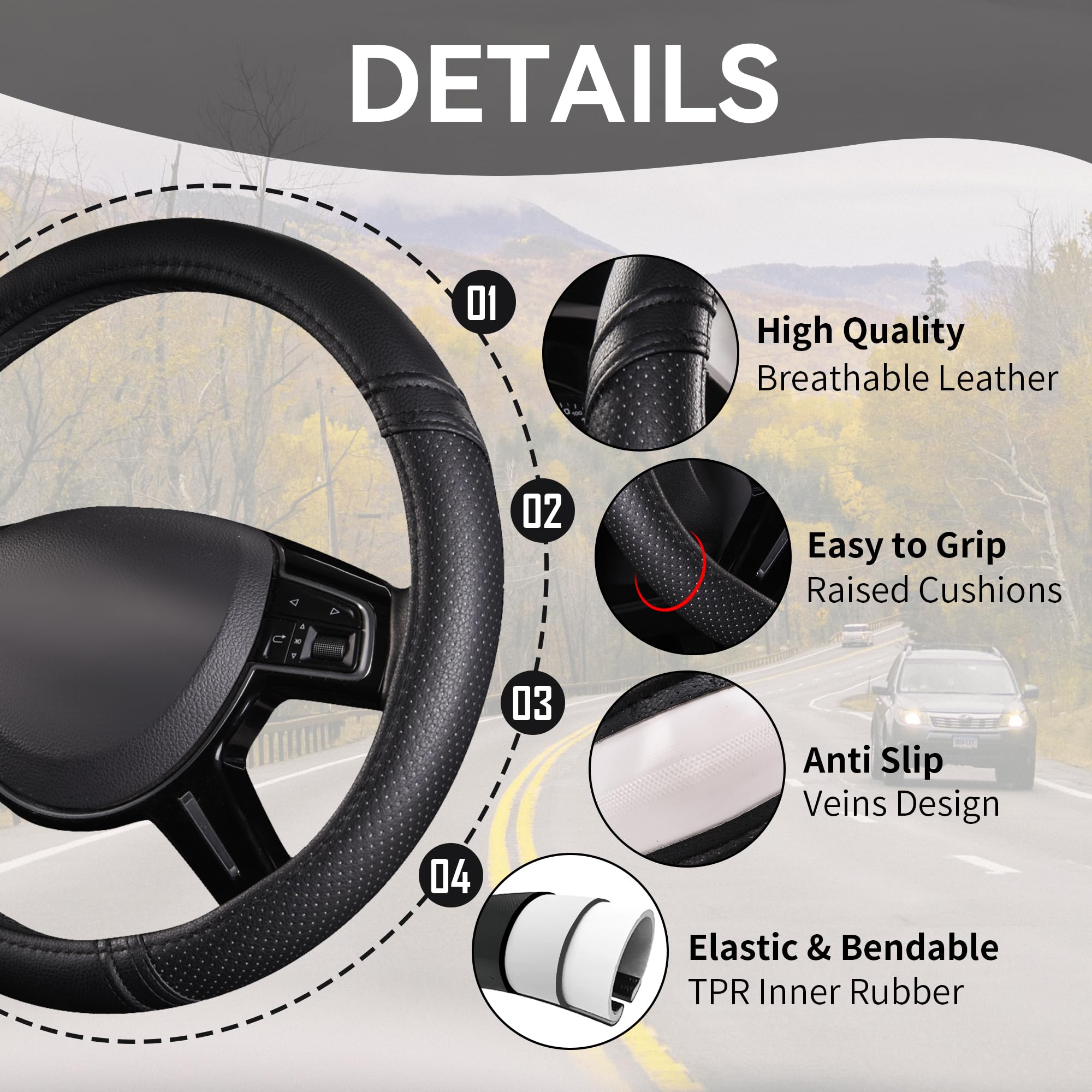 Car Pass Classical Leather Automotive Universal Steering Wheel Covers,Universal Fit for Suvs,Trucks,Sedans,Cars,Vans,14.5-15inch