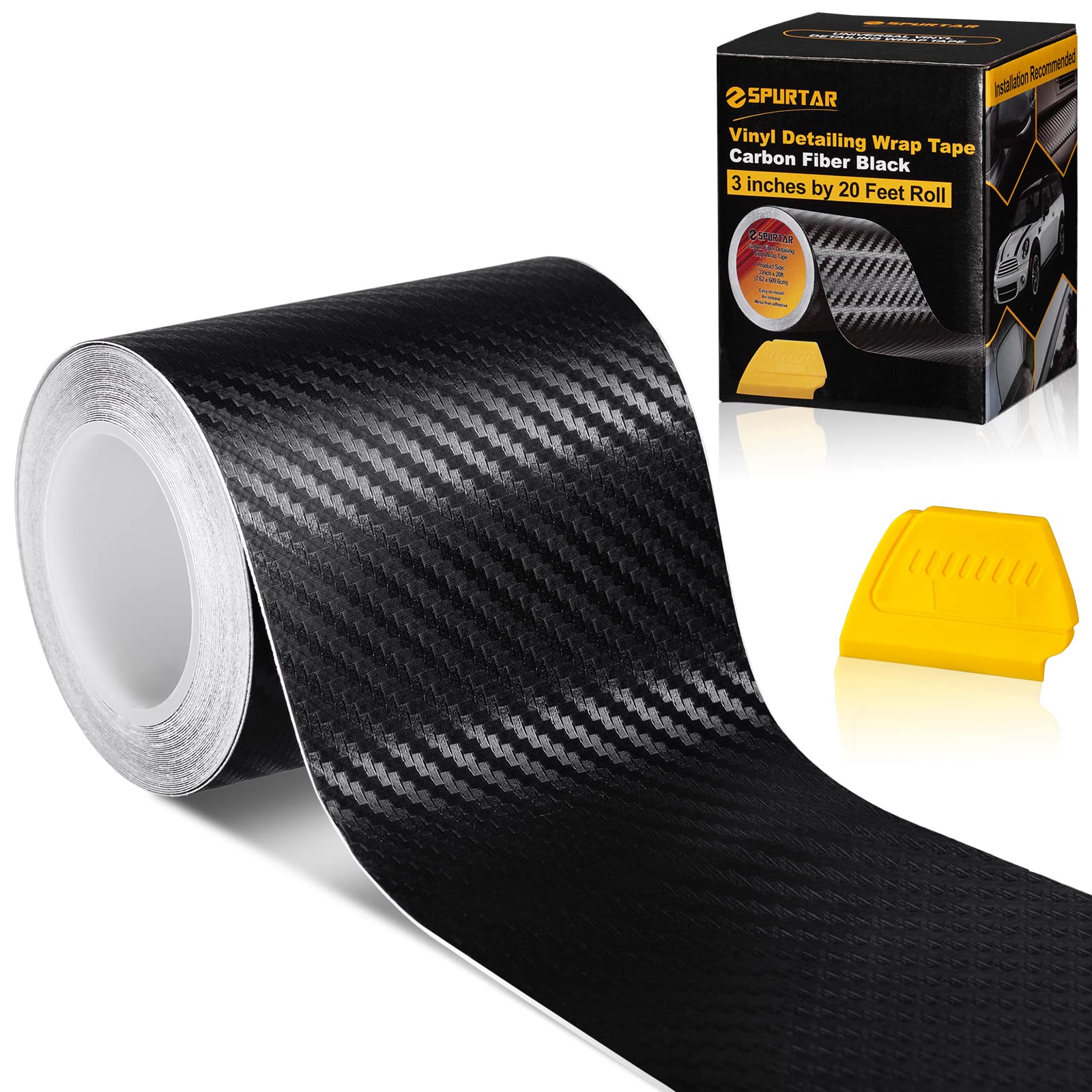 Spurtar Carbon Fiber Wrap Black Vinyl Wrap For Cars, 3 Inch X 20 Ft Universal Chrome Delete Dry Carbon Fiber Tape Door Edge Guar