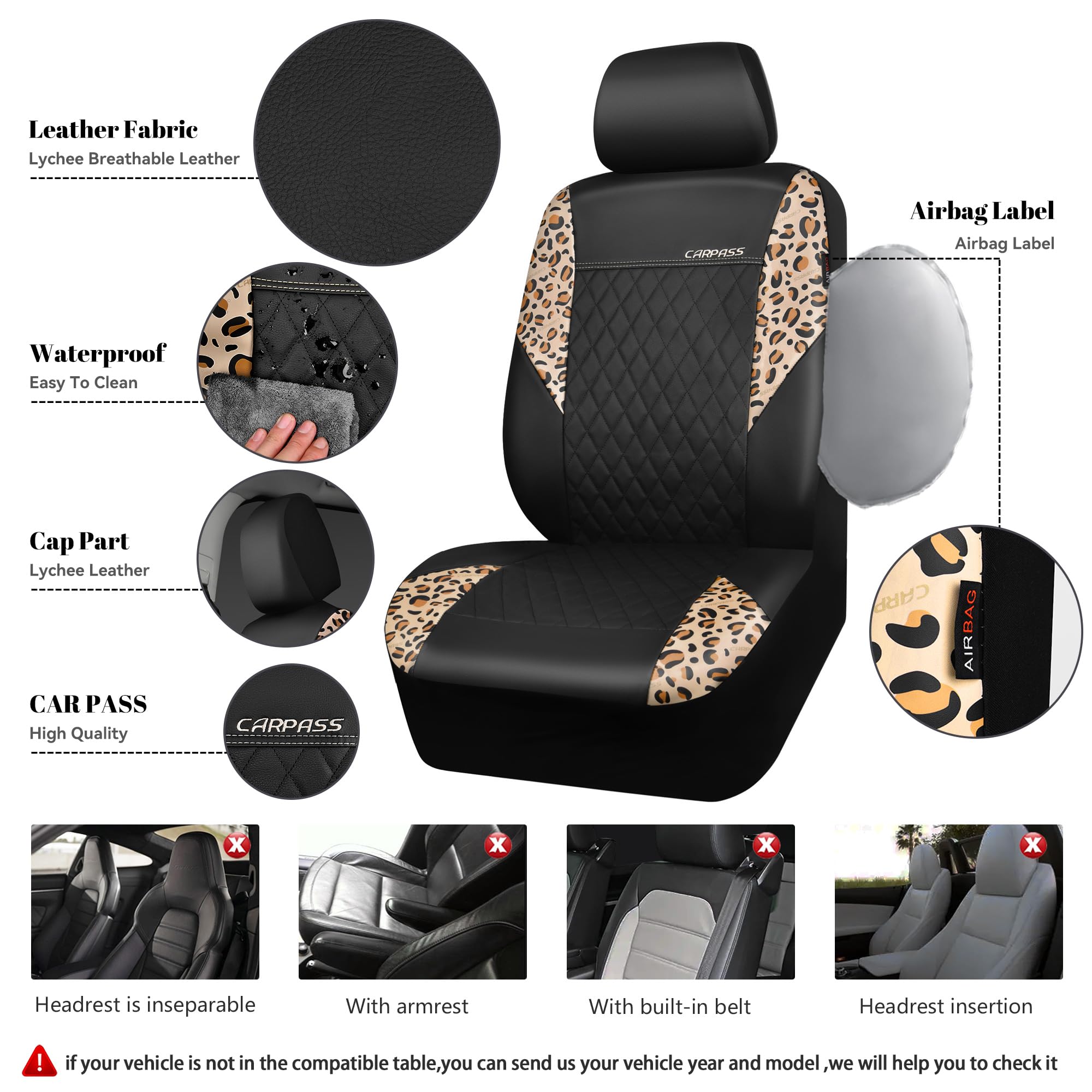 CAR PASS Faux Leather Car Seat Covers & Mats Set, Leopard Combo, Universal Fit for SUV, Van, Truck, Includes Steering Wheel Cover & Seat Belt Pad
