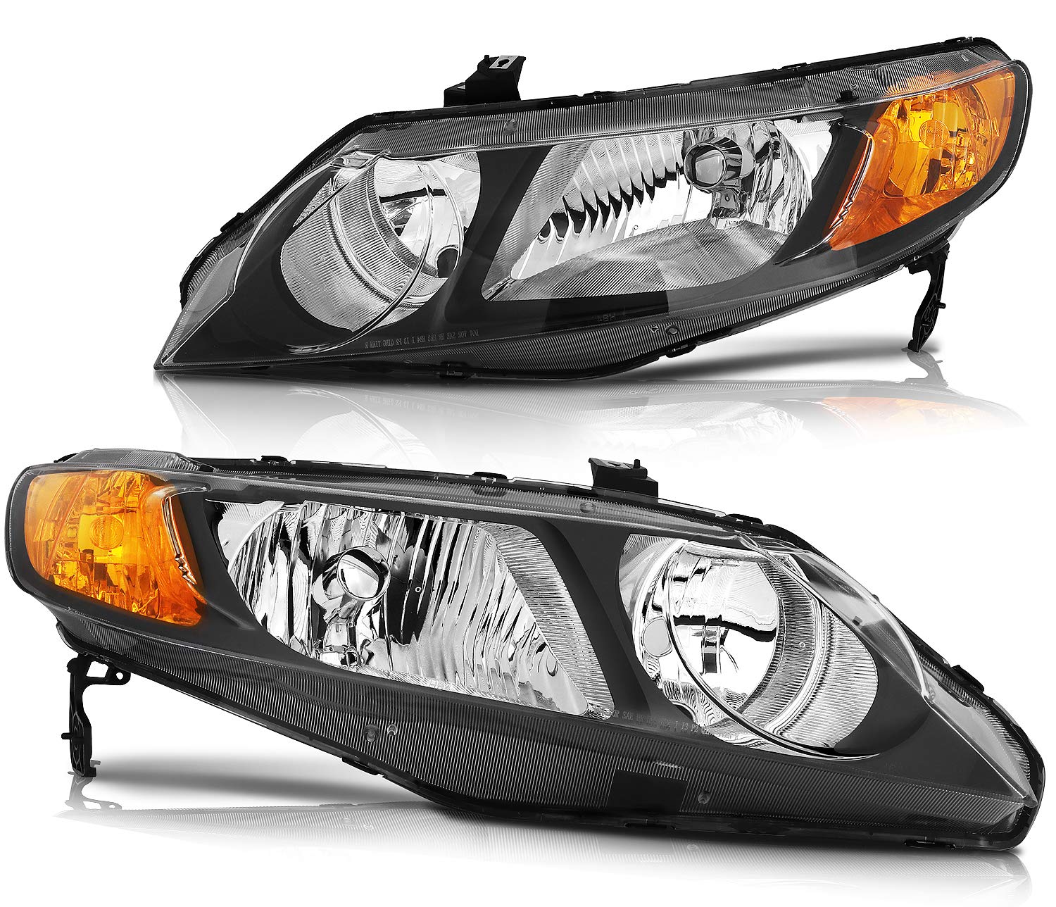 LSAILON Fit For Honda Civic 2006-2011 Headlight Assembly Black Housing Amber Reflector Clear Lens Driver and Passenger Side