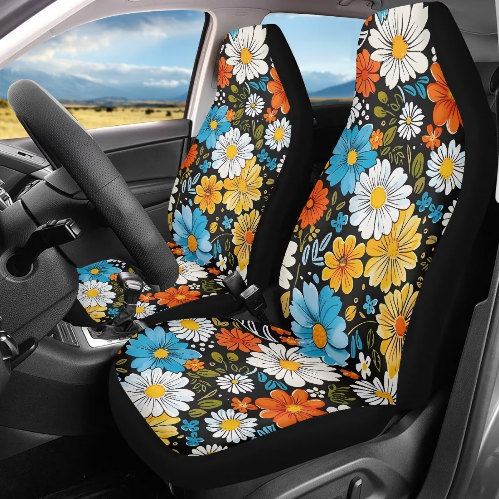 Bigcarjob Hippie Daisy Car Seat Cover Set For Front Seat Only,2 Pack Blossom Flower Printed Auto Front Seat Protector Saddle Bla
