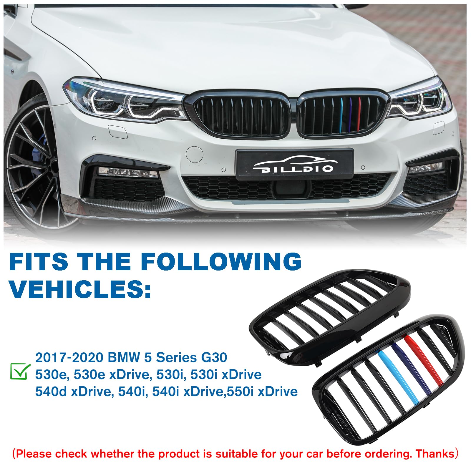 BILLDIO G30 Front Kidney Grille, M Color ABS Gloss Black, Fits 2017-2020 BMW 5 Series 530e/530i/540i/550i