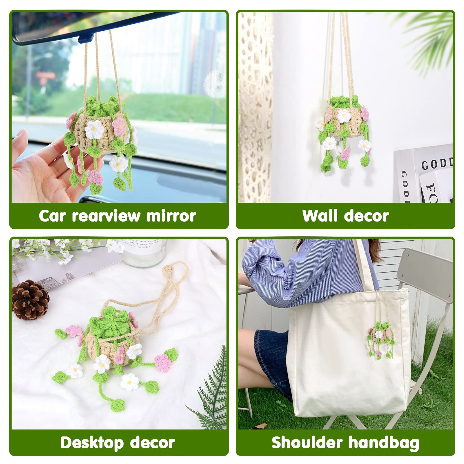 Vansolinne Cute Car Accessories Crochet Hanging Basket Flower Plant Car Ornament For Rearview Mirror Decor Interior Aesthetic Pl