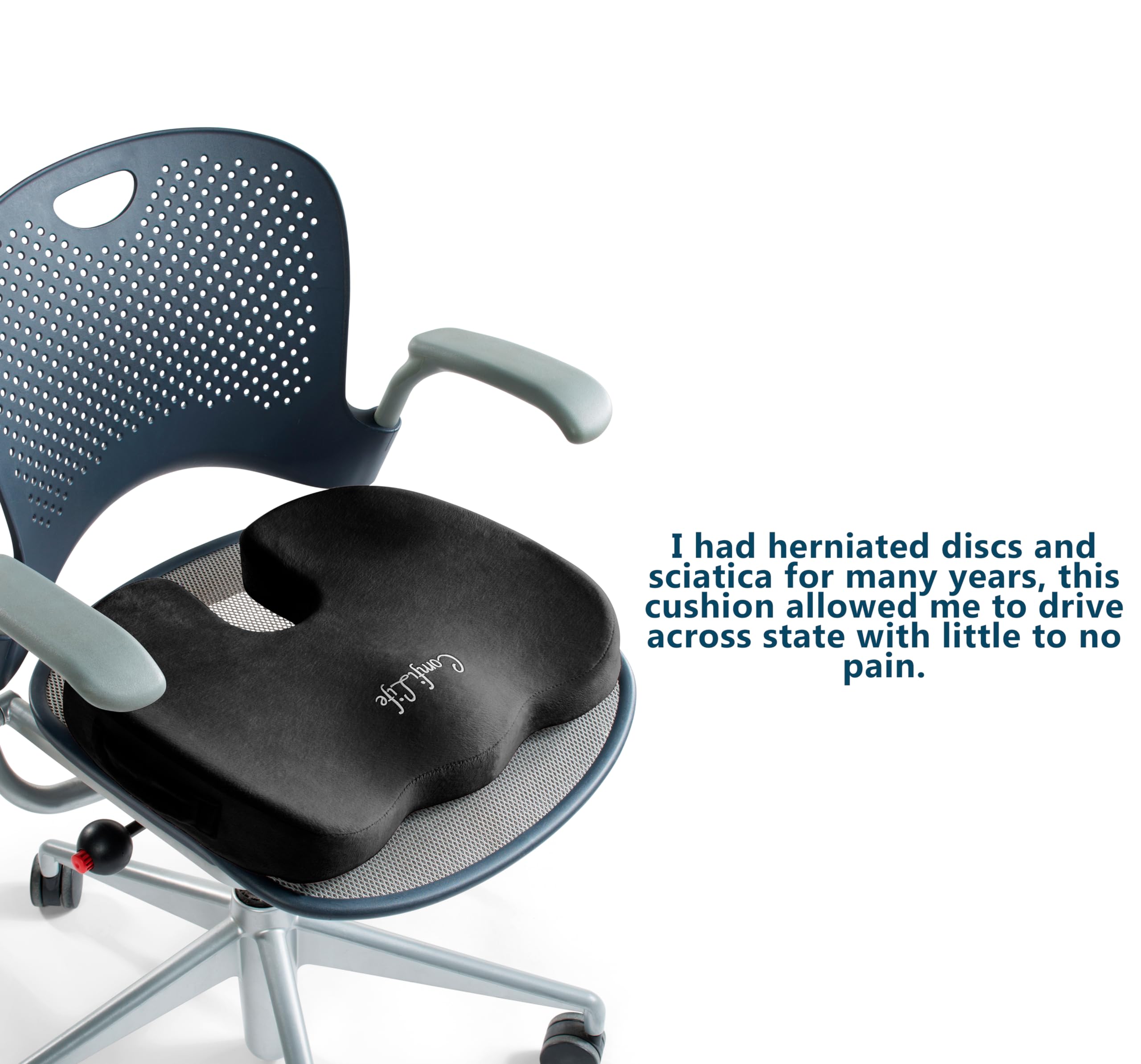 ComfiLife Premium Comfort Seat Cushion - Non-Slip 100% Memory Foam Coccyx Cushion for Tailbone Pain - Black - Model CLSCBLK
