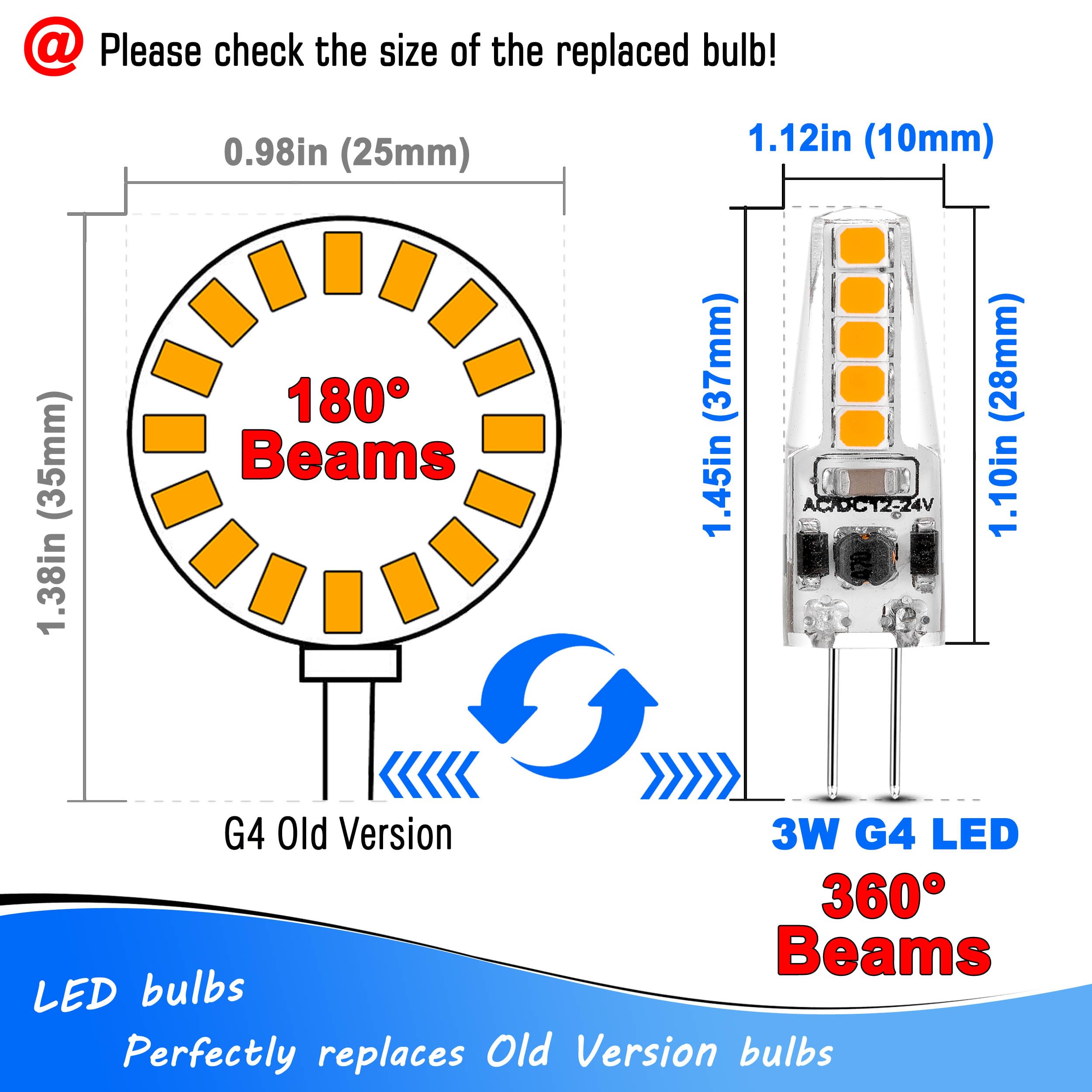 Heifymi G4 Led Bulb 3 Watt Equivalent 20W-35W Halogen Bulbs 2700K Warm White 350Lm Ac/Dc 12-24 Volt For Landscape Lighting, Unde