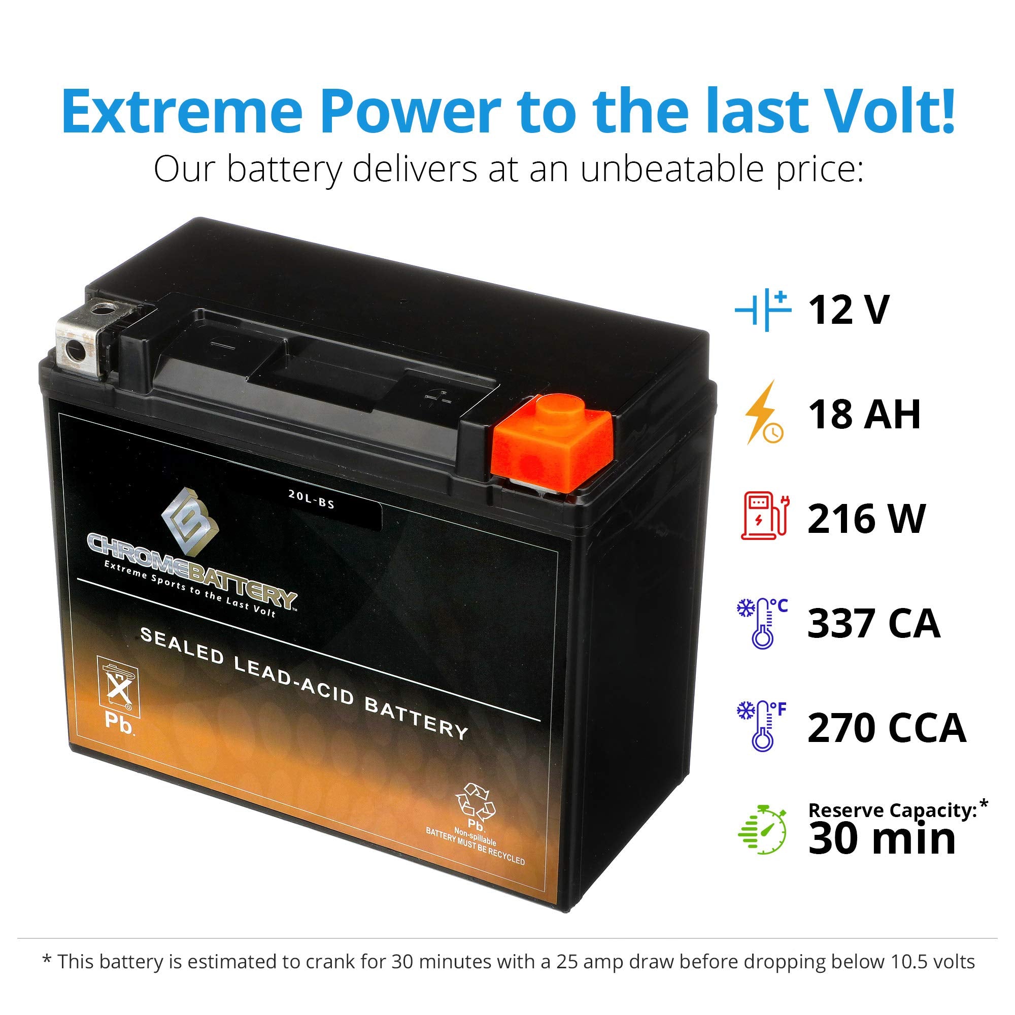 Cb Chromebattery 20L-Bs Maintenance-Free, 270Cca, 12V 21Ah Battery Replacement For Atv, Motorcycle, Jet Skis, Scooter, Utv, And