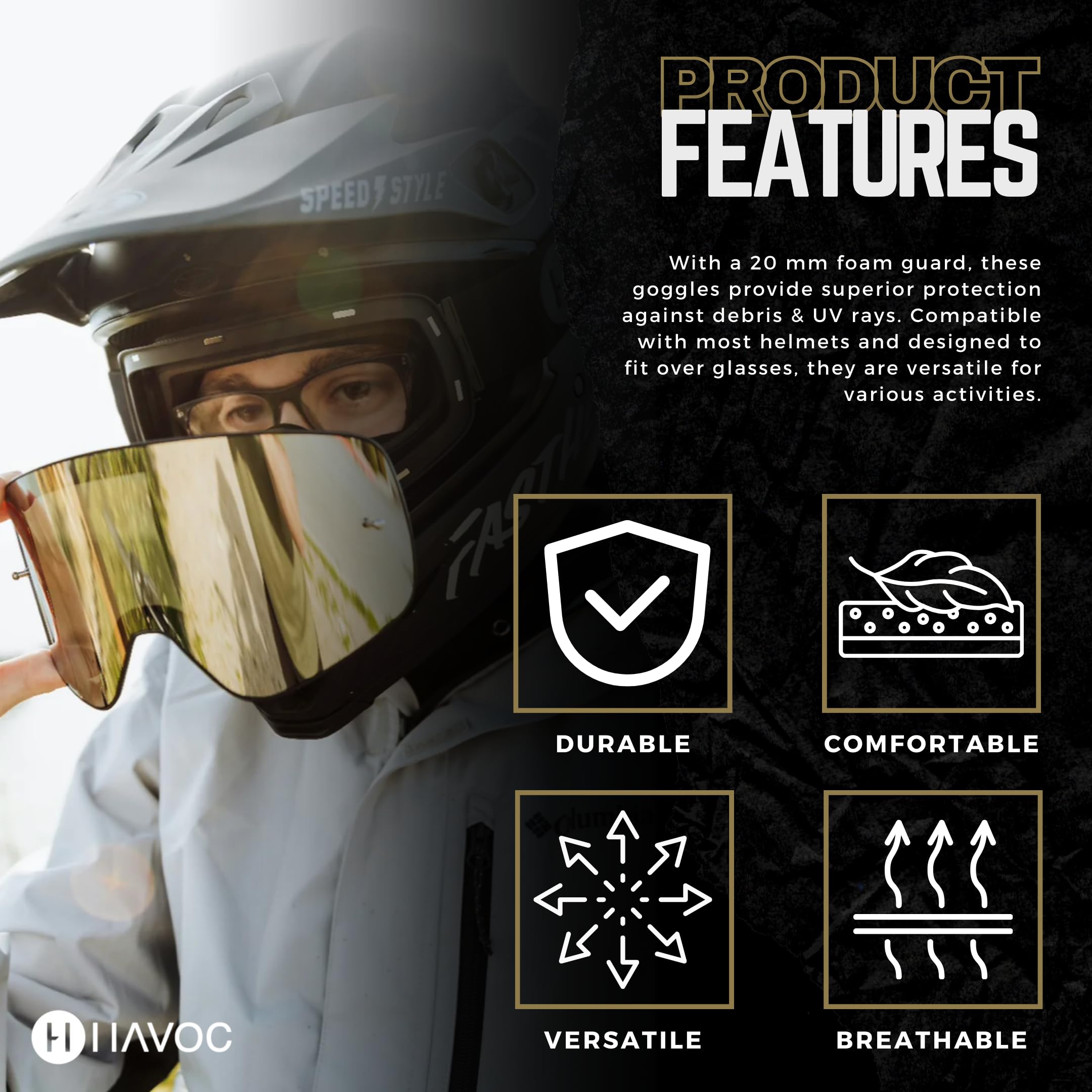 Havoc Racing Goggles - UV Blocking, Anti-Fog, Polycarbonate, Tempest, Model IG-TEMPEST, Ideal for Motocross, Dirt Biking, Snowboarding, ATV