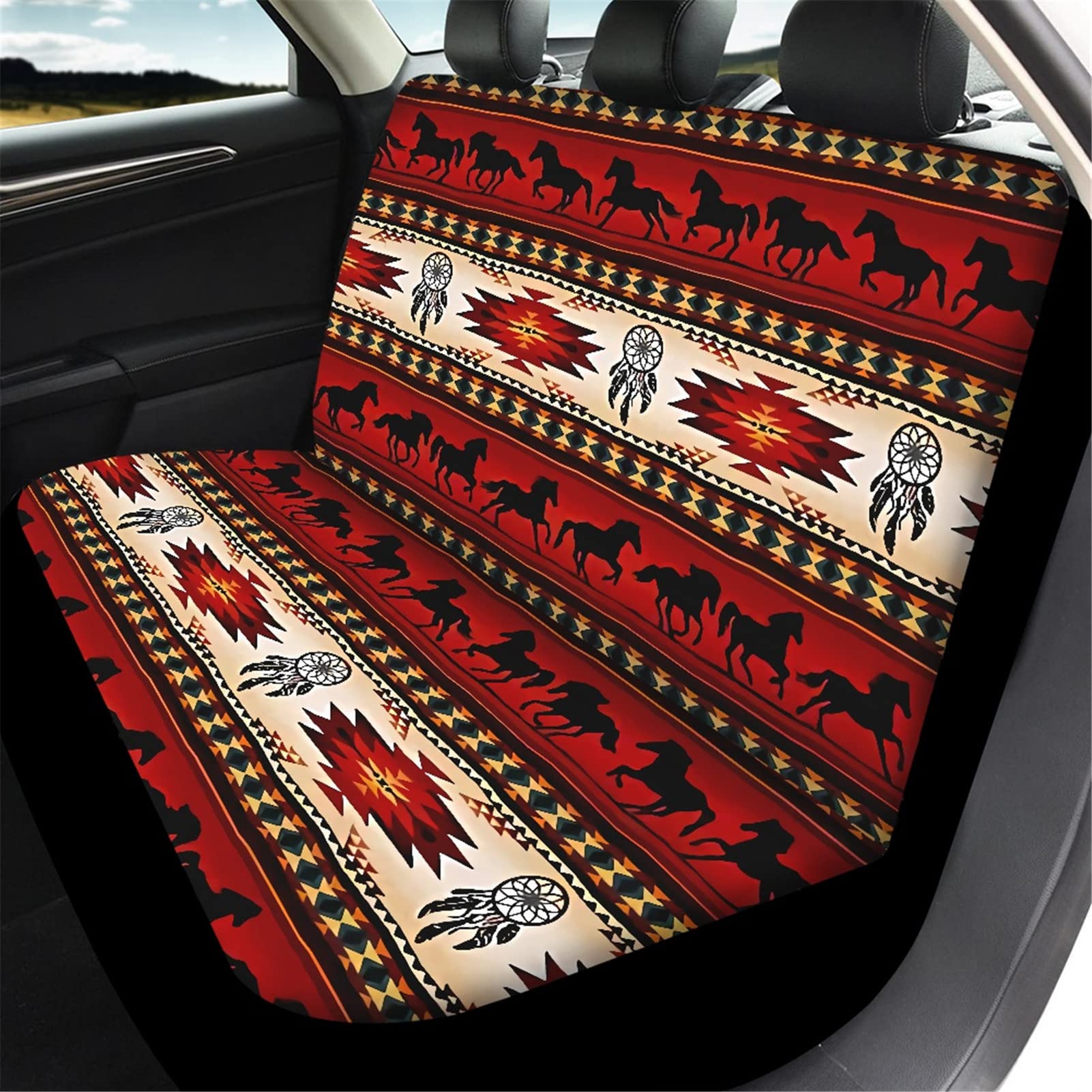 AFPANQZ Aztec Horses Car Seat Covers Full Set Red for Women Heavy Duty Car Accessories Decoration 4 Piece Universal Truck Sedan