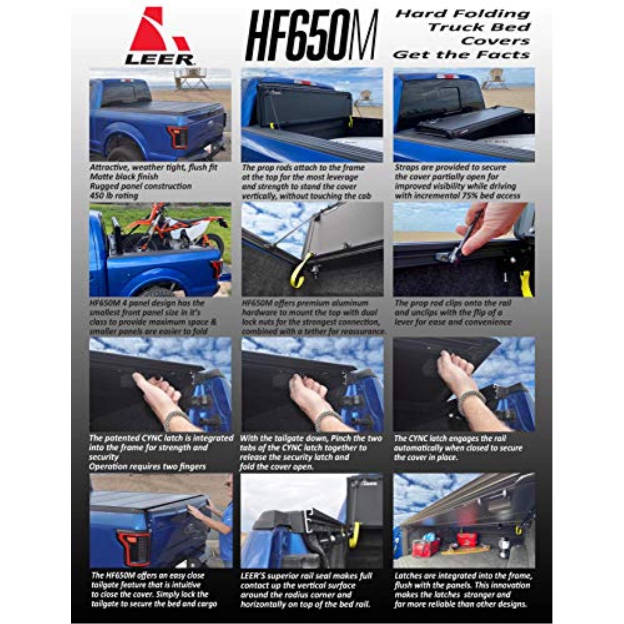 LEER HF650M Quad-Folding Tonneau Cover for 2019-2024 Chevy Silverado/GMC Sierra 6.6 FT Bed, Black, Fiberglass-Reinforced Polymer