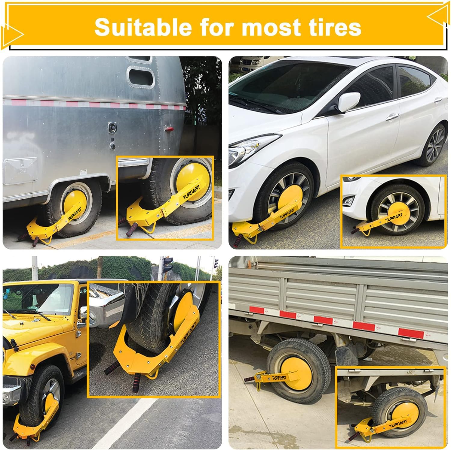 Turnart Wheel Lock Clamp - Adjustable Anti-Theft Tire Boot, Yellow, Aluminum, Model Turnart-619 for Cars, Trucks, RVs