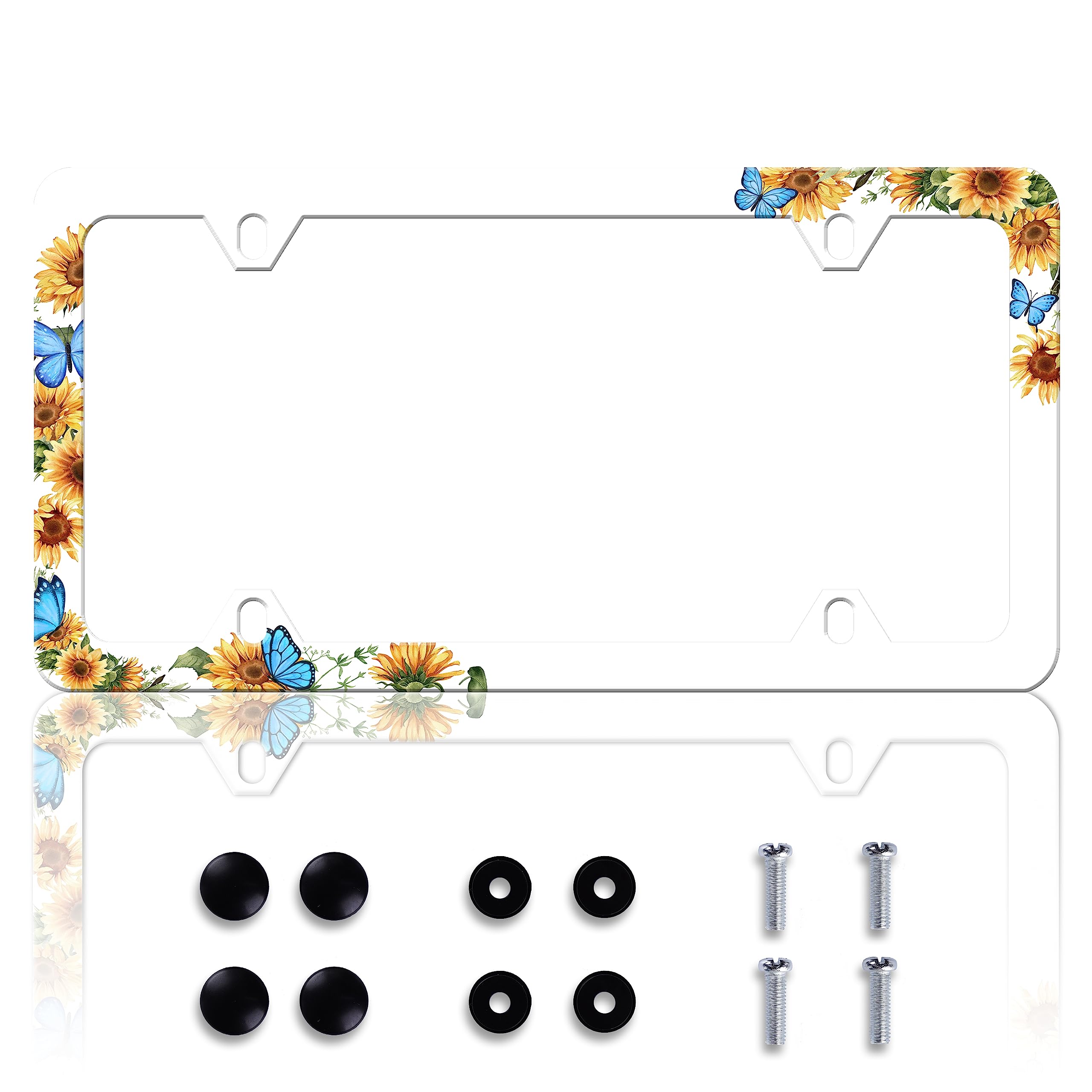 Blue Butterfly Sunflower License Plate Frame Funny License Plate Frames Personalise Stainless Steel Design Compatible with Stand