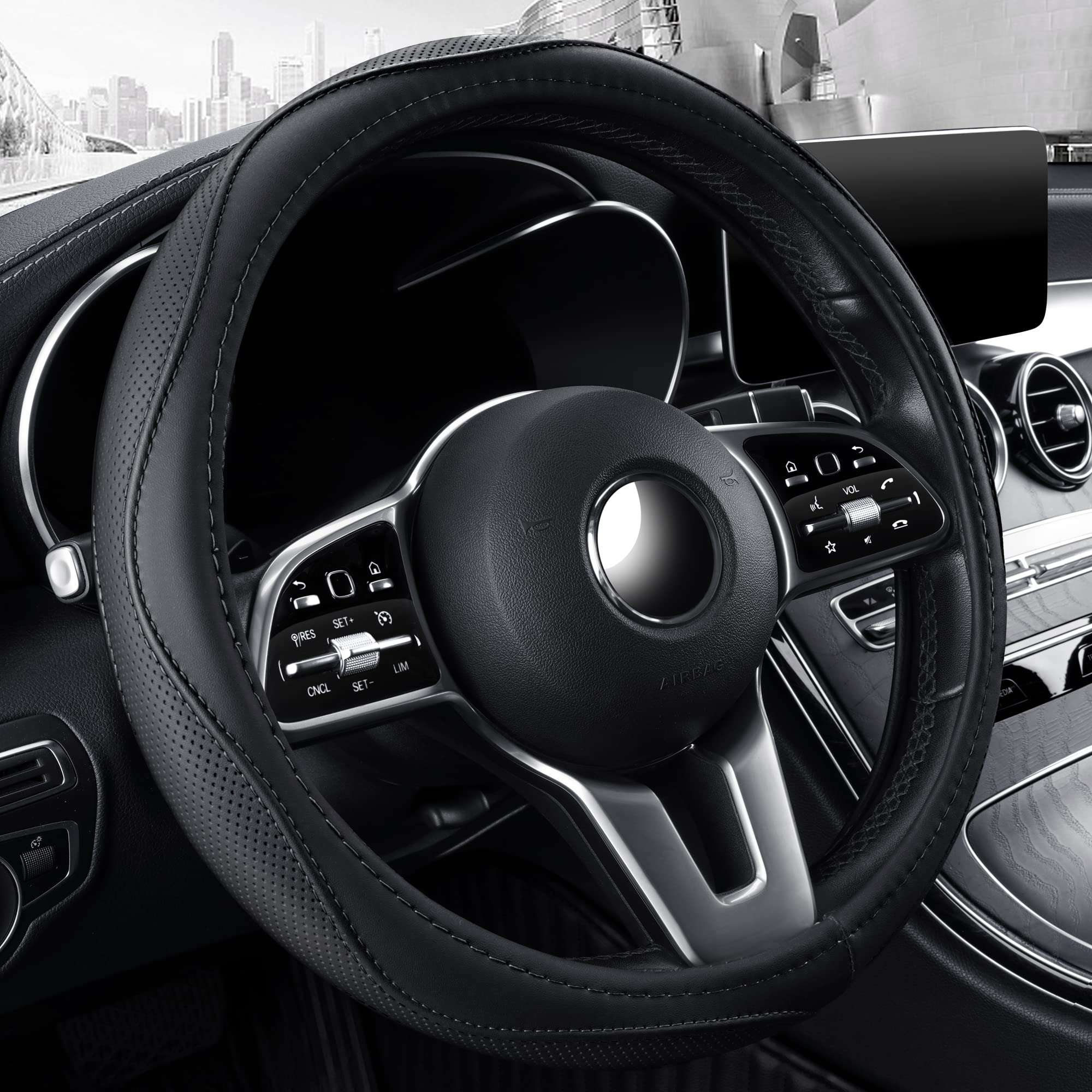 Microfiber Leather 15' Universal Fit Car Steering Wheel Cover, Elastic Nonslip Breathable And Odorless, Black & Silver