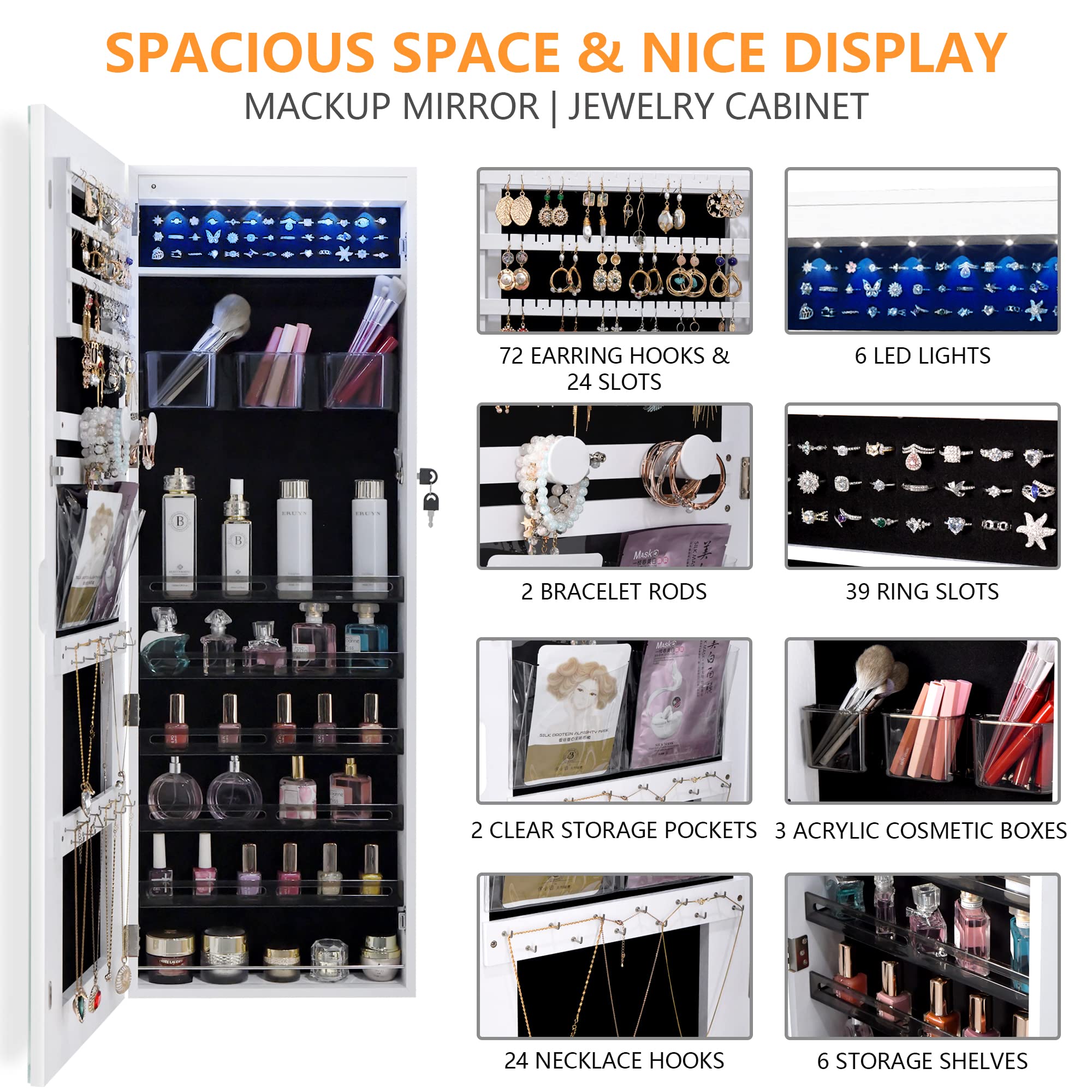 LVSOMT LED Mirror Jewelry Cabinet - Wall/Door Mount Organizer, Full Length, White, Model 6202-8, Wood Material