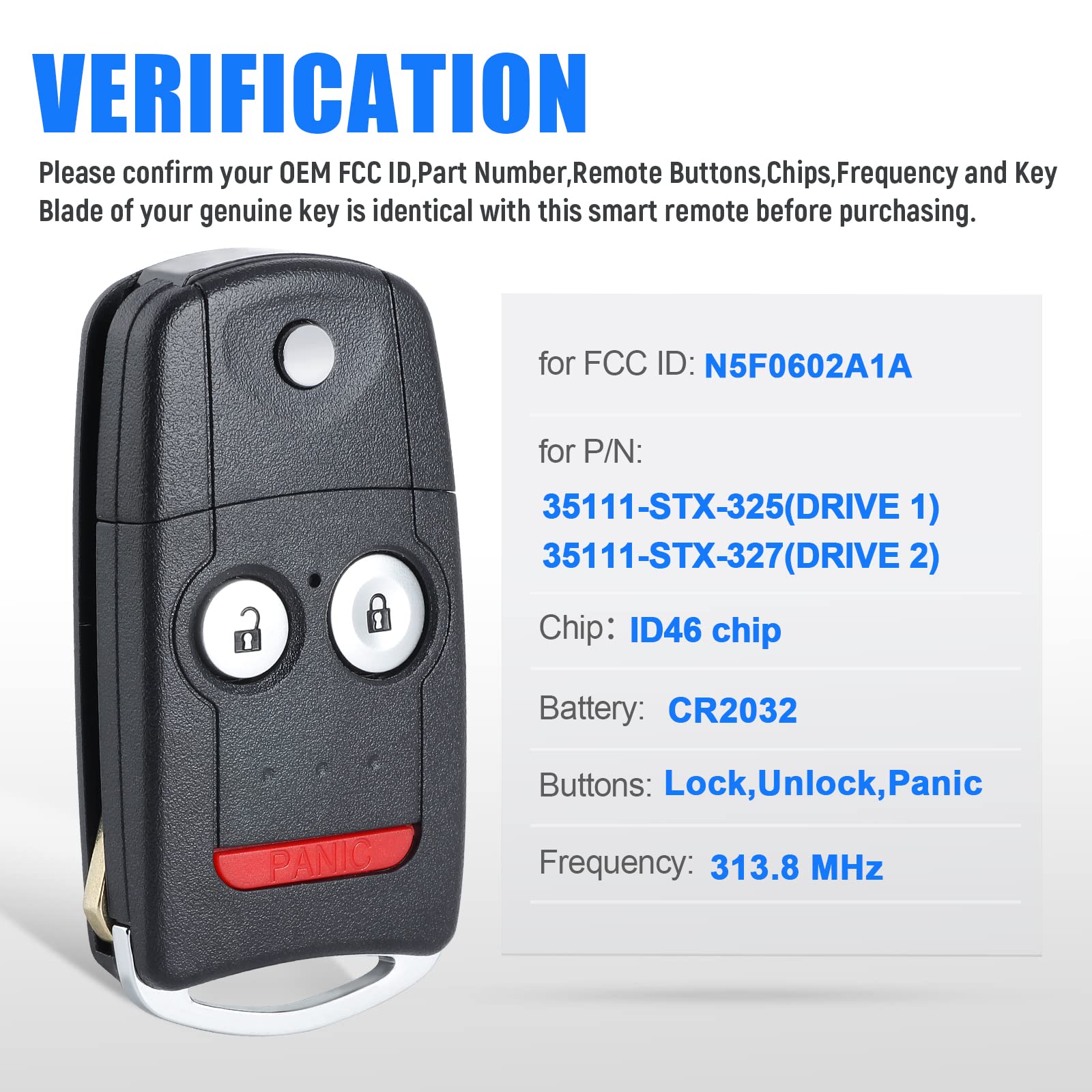 Keymall Car Key Fob Keyless Entry Remote Replacement For Acura Mdx/Rdx 2007 2008 2009 2010 2011 2012 2013 Fcc Id:N5F0602A1A P/N:35111-Stx-325/327 3 Buttons…