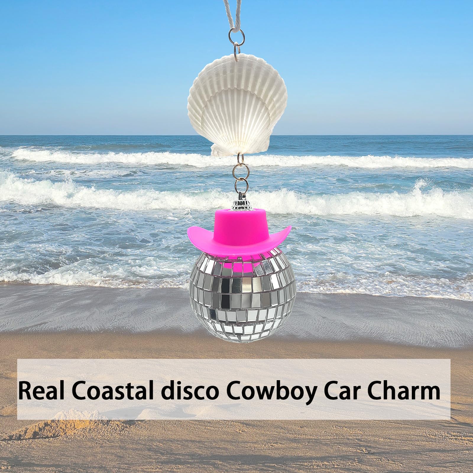 Spansee Pink Coastal Disco Ball For Car, Beach Car Accessories, Shell Car Charm, Disco Ball With Cowboy Hat, Disco Ball Car Accessory, Seashell Car Mirror Hanger, Car Mirror Hanging Accessories