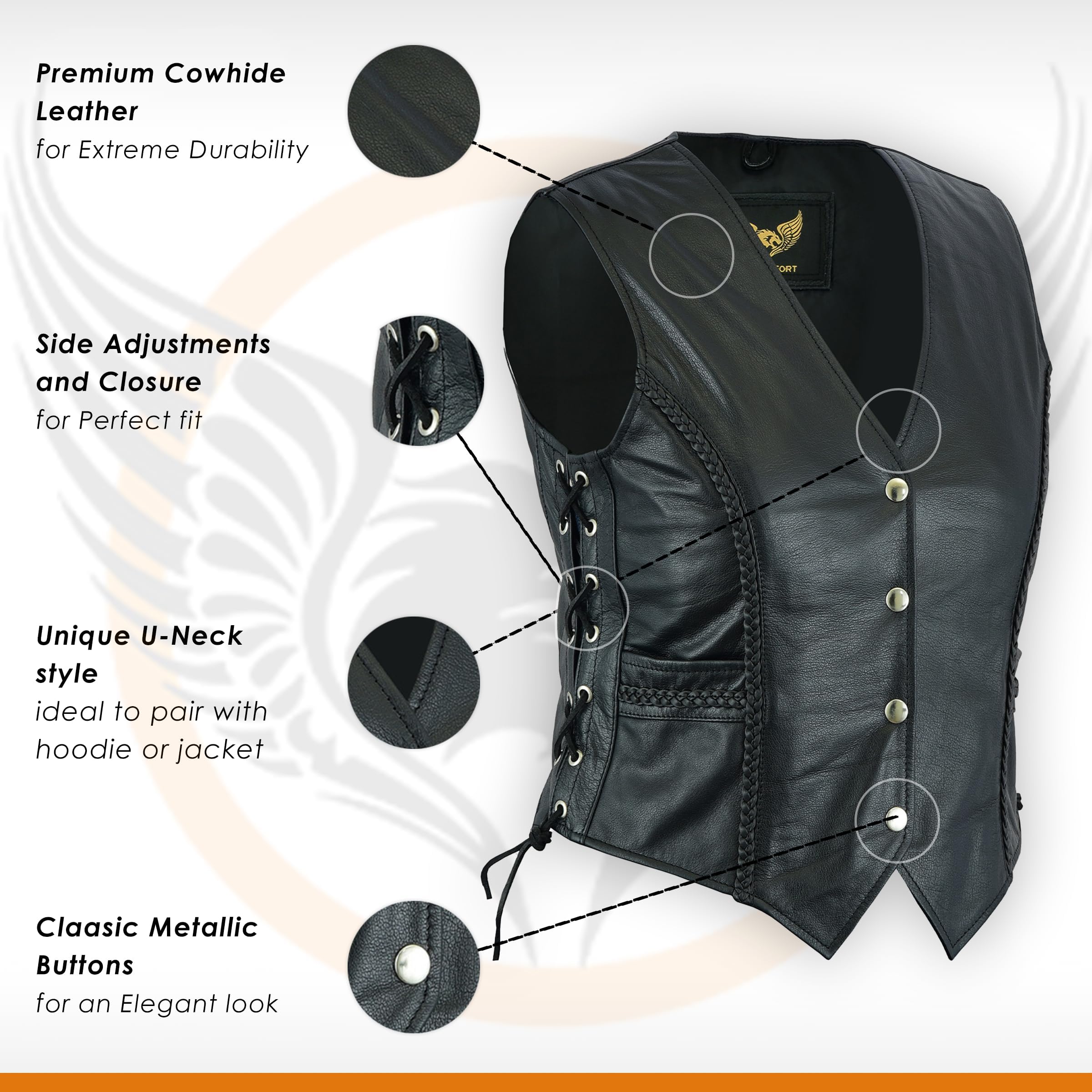 Leatherick Women Top Grain Genuine Buffalo Black Ladies Leather Vests For Motorcycle Bikers (As1, Alpha, Xx_L, Regular, Regular,
