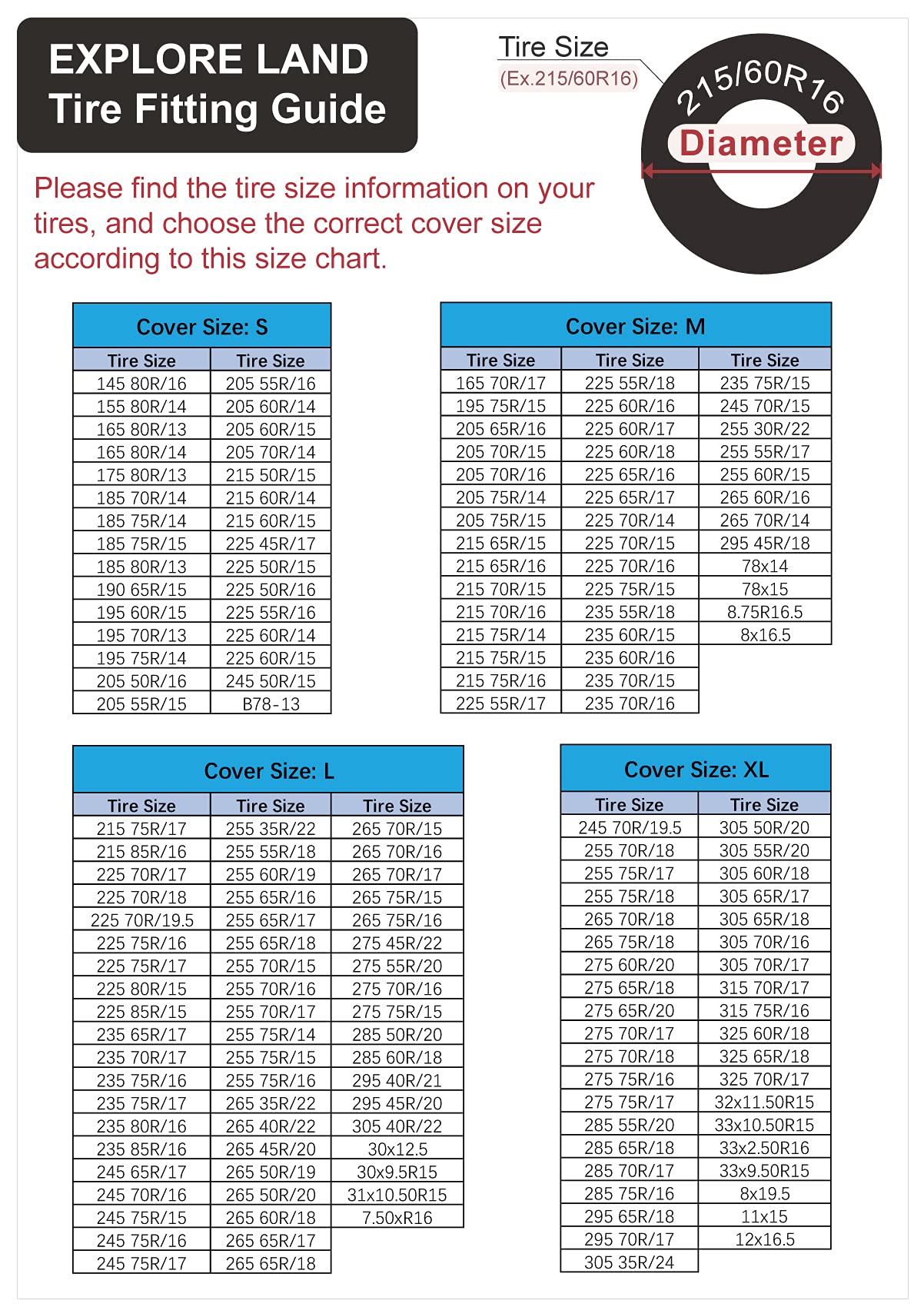 Explore Land Tire Cover - Durable Fabric Spare Tire Bag, Fits 29''-31.75'', Black, 4 Pack, Model 10708014