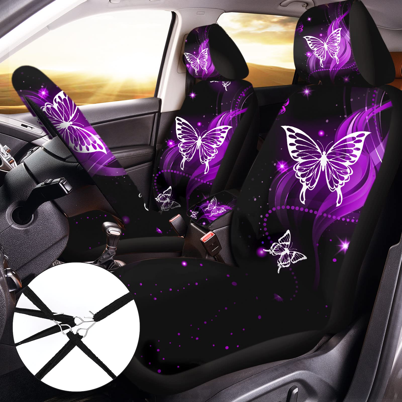 Frienda 10 Pcs Car Seat Covers For Women Butterfly Car Accessories Car Interior Seat Covers With Steering Wheel Cover, Wrist Str