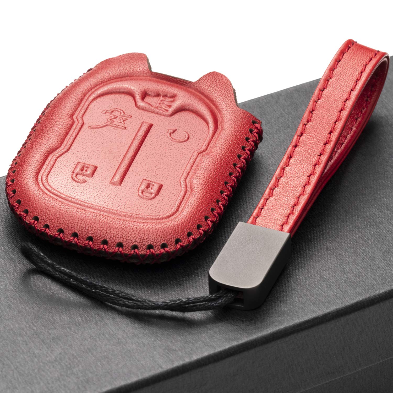 Vitodeco Genuine Leather Smart Key Fob Case With Leather Strap Compatible For Gmc Acadia, Gmc Terrain 2017 - 2023 (5-Button, Red