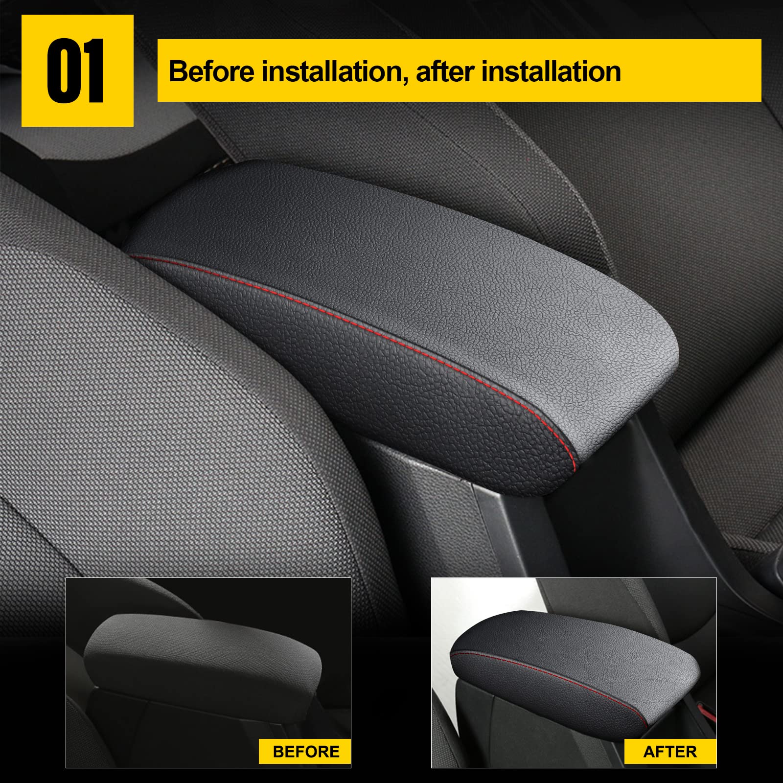 AOMSAZTO Black Armrest Console Cover for Toyota Corolla 2014-2019 with Red Stitching