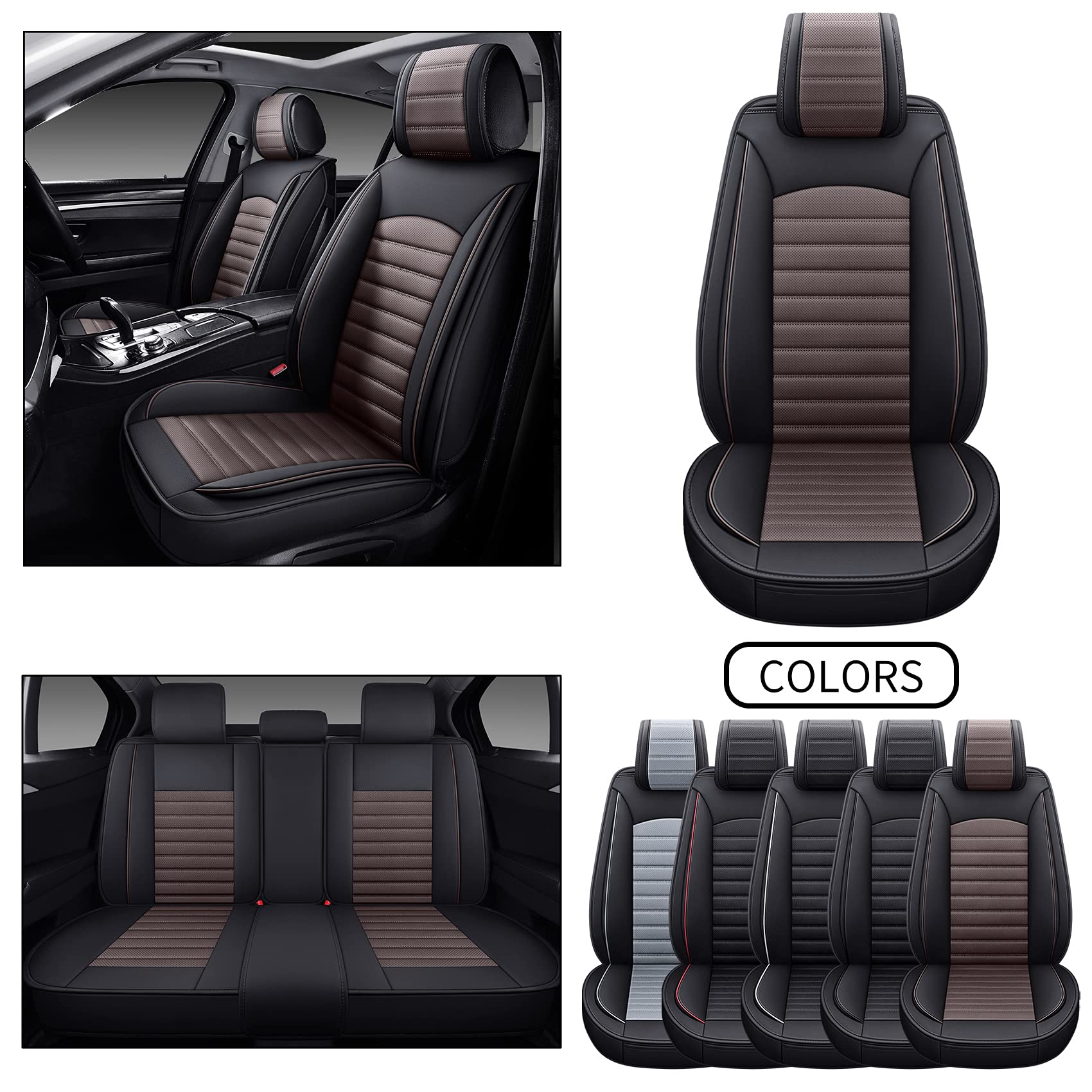 Omoka Auto Car Seat Covers With Waterproof Leather,Vehicle Cushion Cover For Cars Suv Sedan Pick-Up Truck Universal Fit Set For Most Cars(Black-Coffee, 5 Sets Full Seat)