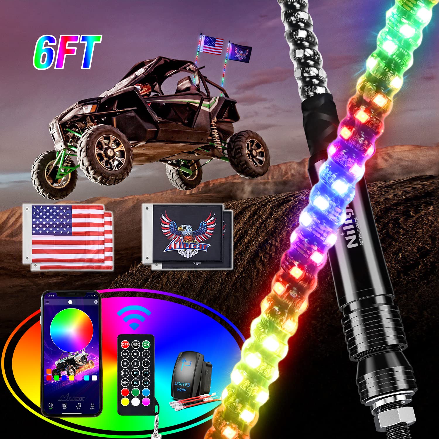 Nilight 2PCS 6FT RGB LED Whip Light, Remote App Control w/DIY Chasing Patterns Stop Turn Reverse Lighting Modes Safety Lighted A