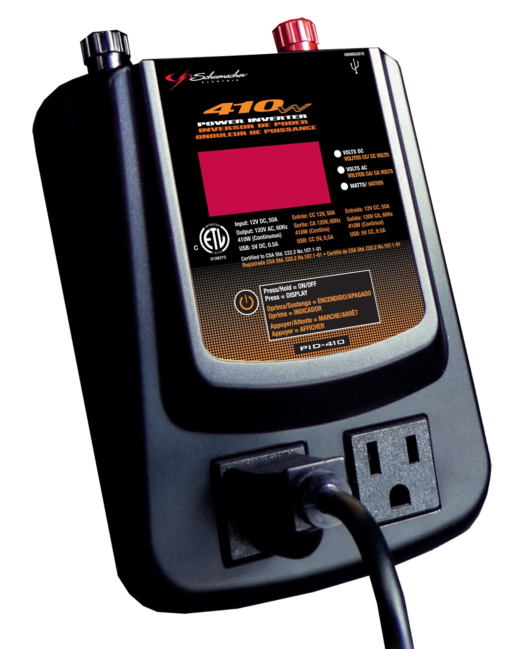 Schumacher PID-410 DC to AC Power Inverter - 400W - with AC and USB Power Ports to Power Mobile Devices , Gray