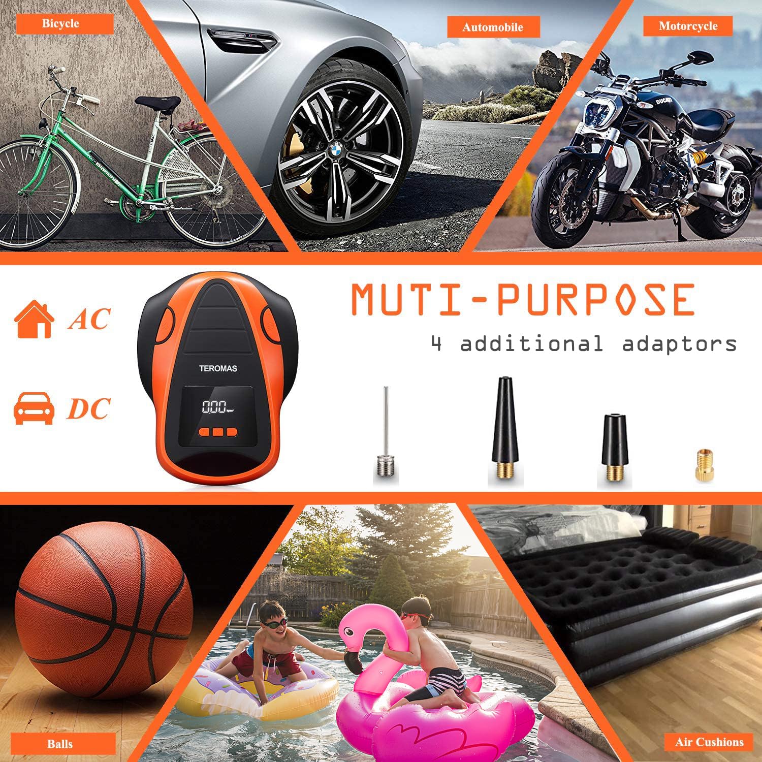 TEROMAS Portable Tire Inflator Air Compressor 12V DC/110V AC, Digital Pump with Pressure Gauge, Orange, Model TMS-3015